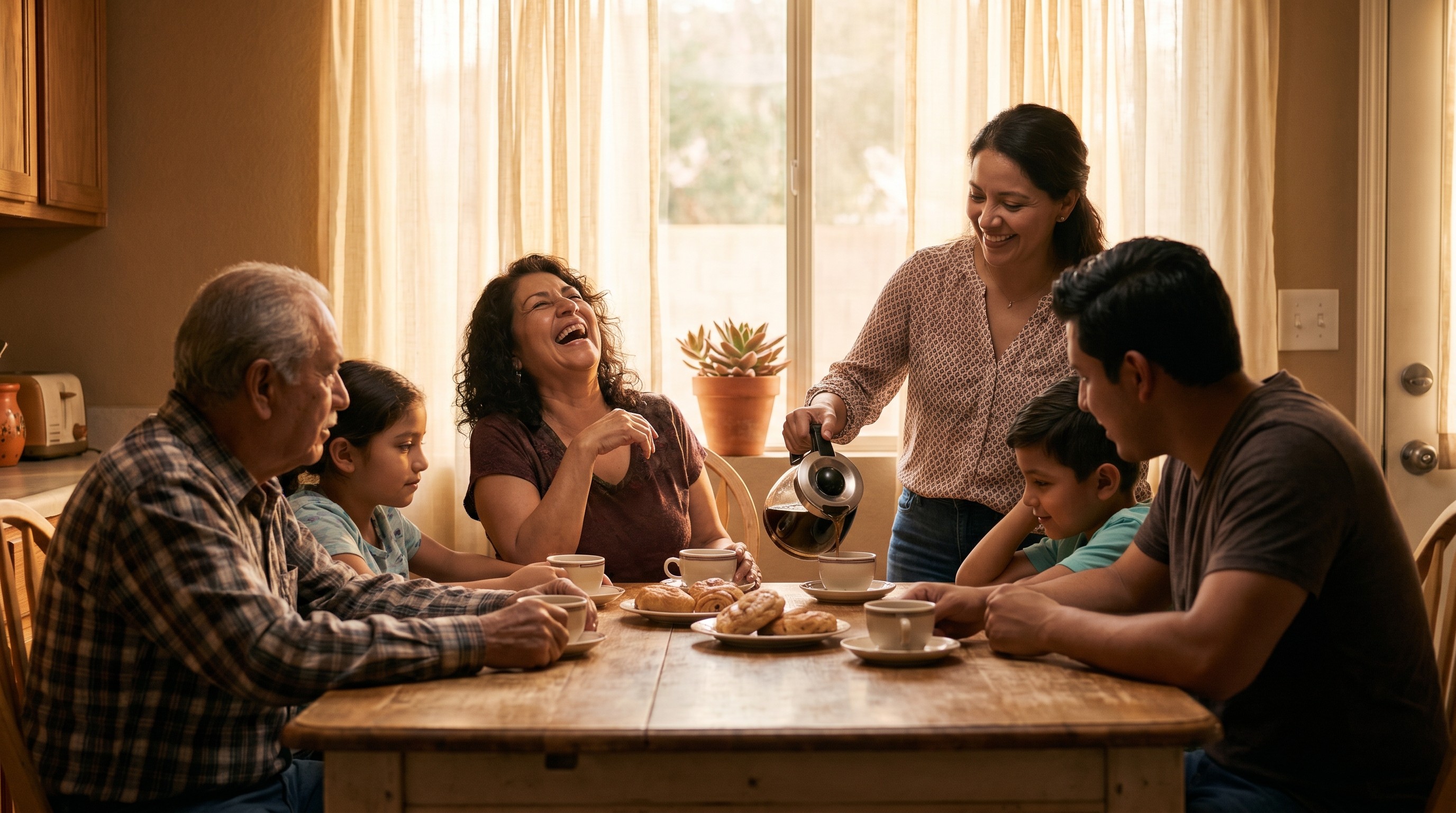 Multigenerational Latino family sharing coffee at a sunlit kitchen table in a warm Southern California home