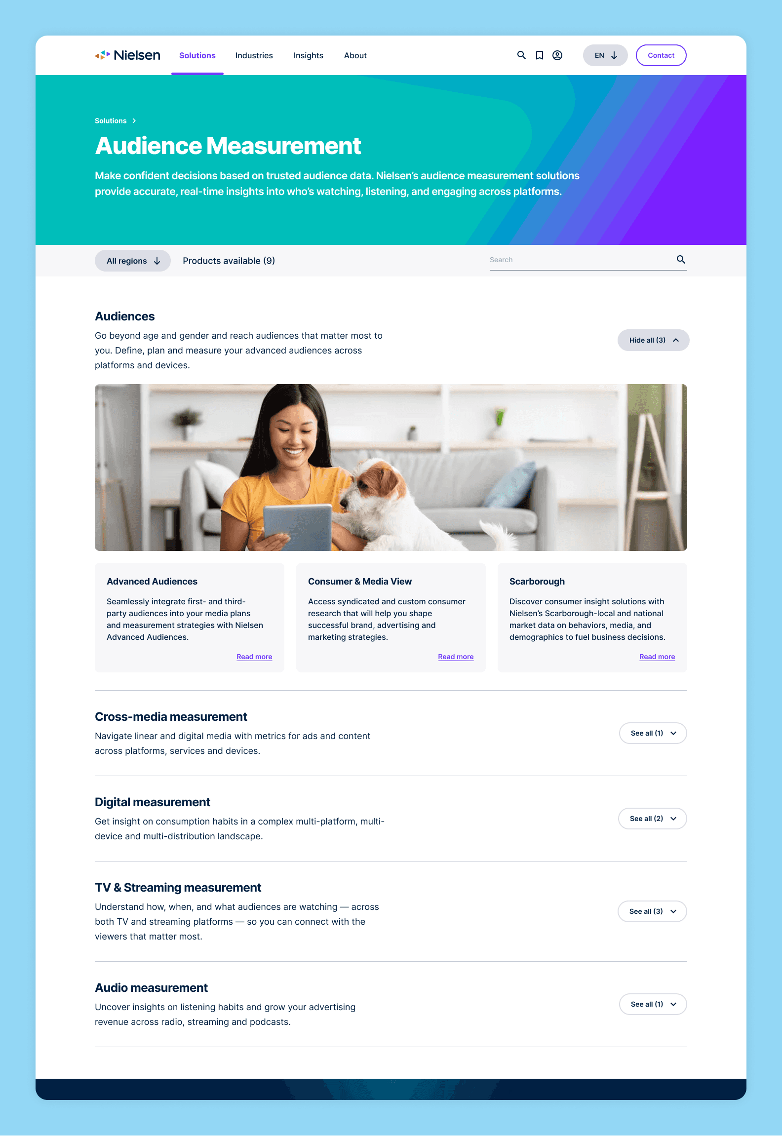 Nielsen Audience Measurement category page featuring a teal-to-purple branded hero, with expandable product subcategories including Audiences, Cross-media measurement, Digital measurement, TV & Streaming measurement, and Audio measurement.