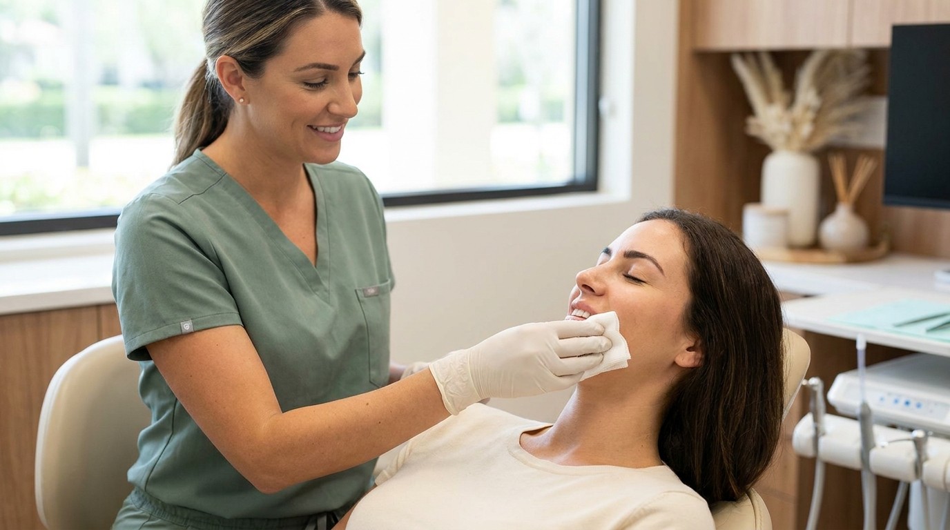 Dentist placing gauze for a patient to bite on after a tooth extraction in Palm Beach Gardens