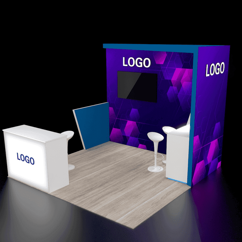 10x10 booth with purple graphic wall and monitor