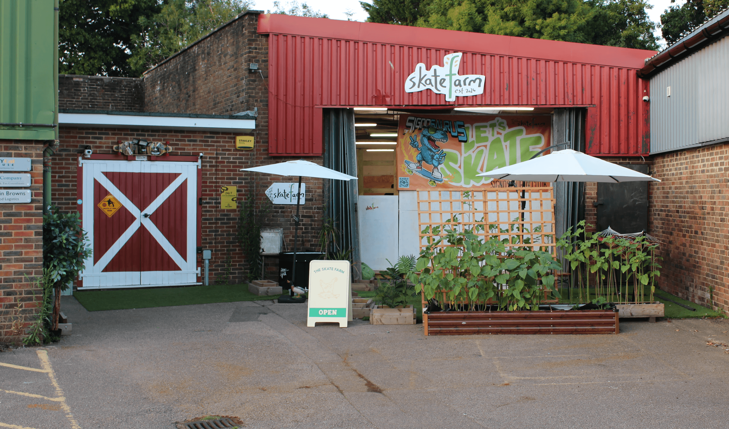 Entrance to The Skate Farm, a community-run indoor skatepark in Haywards Heath