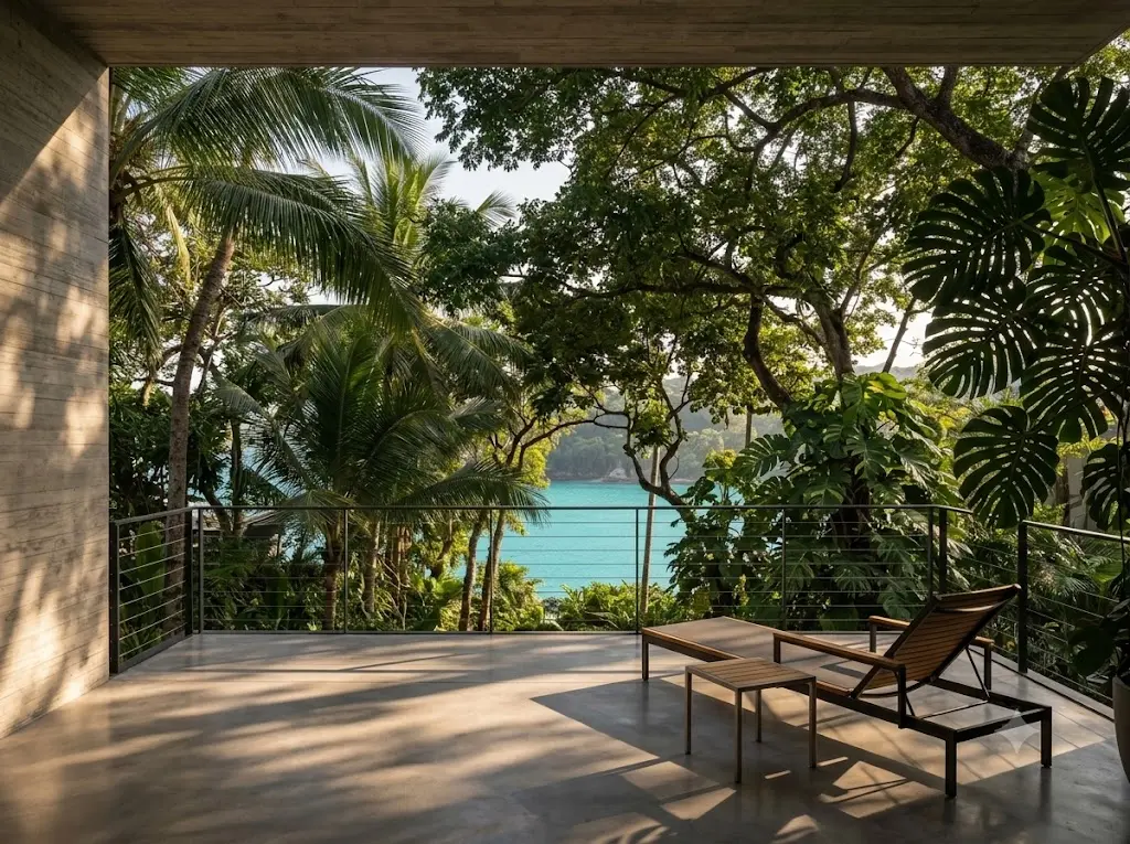 Covered outdoor terrace featuring a modern lounge chair and glass railing, offering a secluded view of the turquoise ocean through a canopy of lush tropical trees and palms