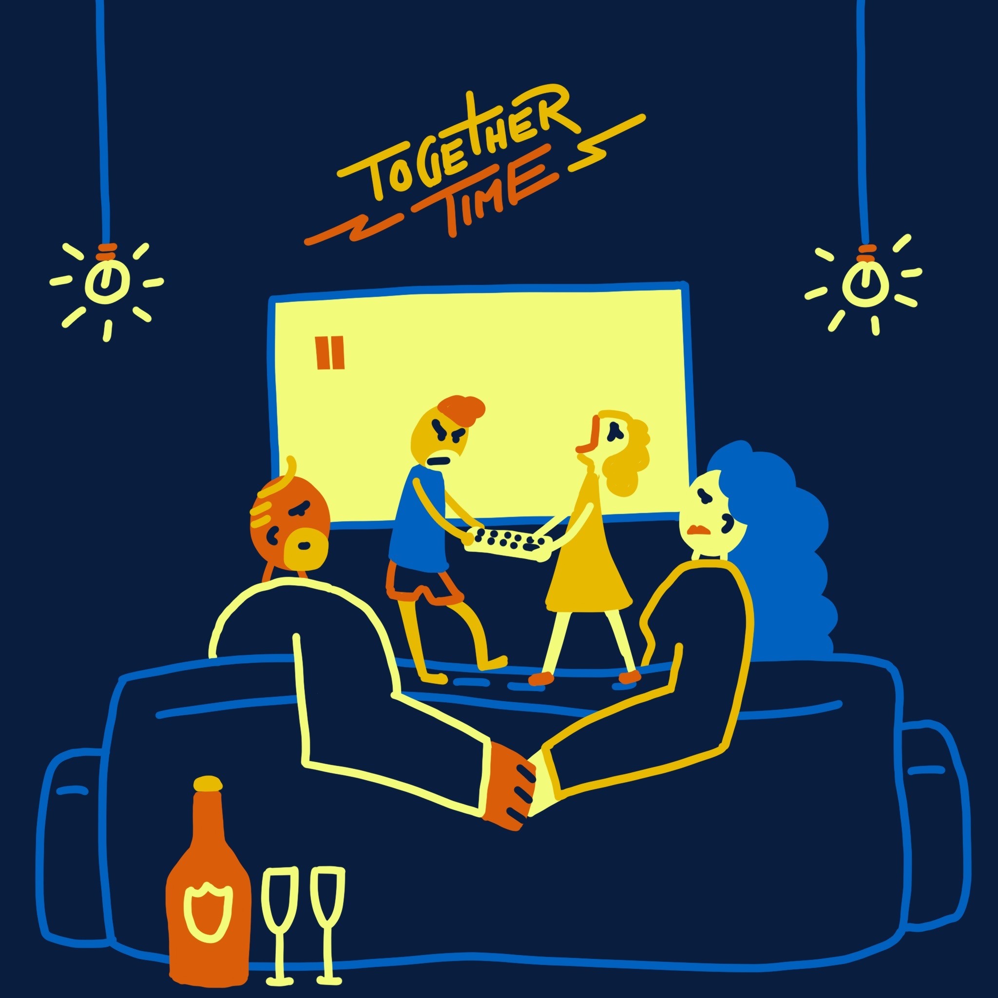 Funny illustration that shows a couple trying to watch something on the TV, but their kids wouldn't let them and are fighting over the control.