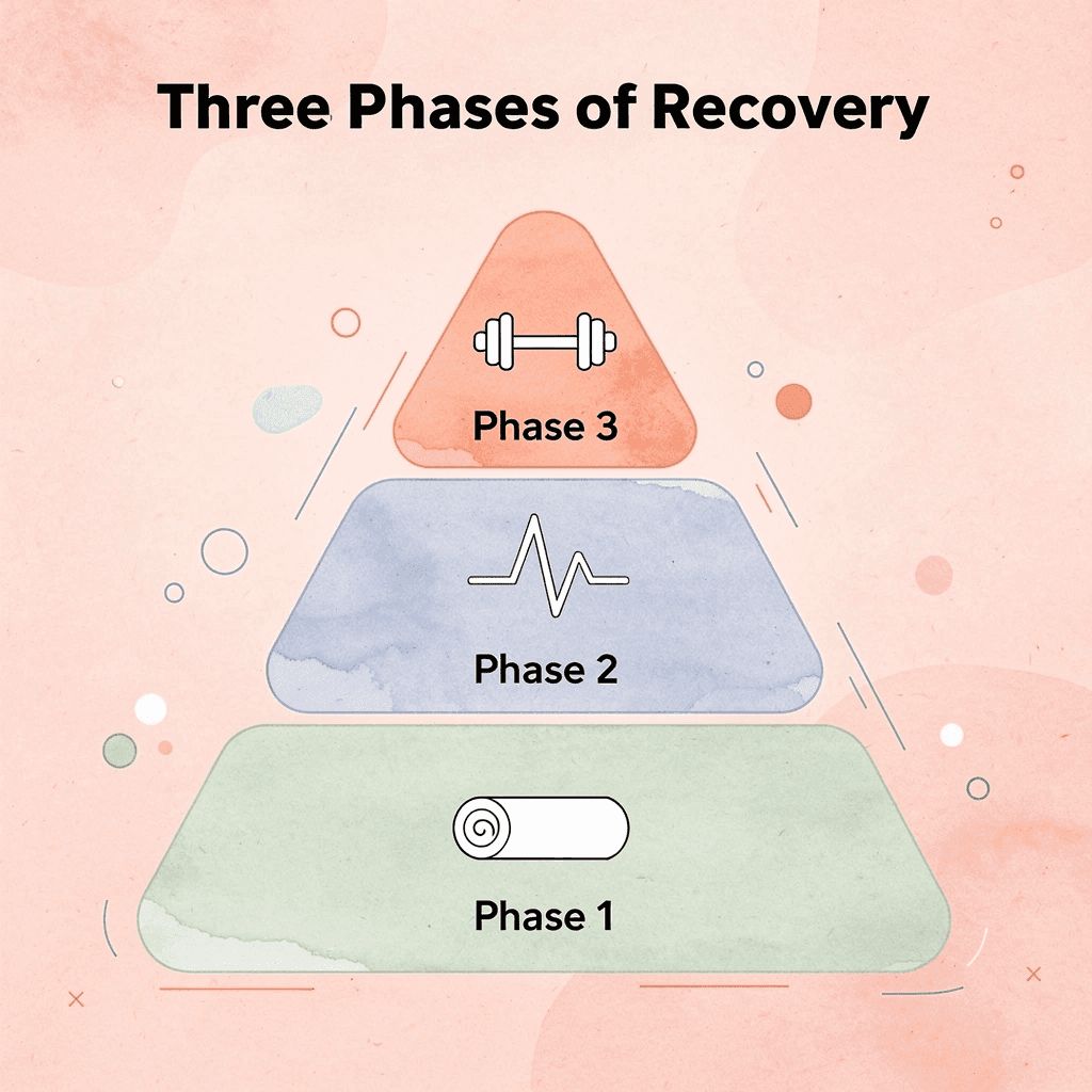 Pyramid infographic showing three phases of postpartum fitness recovery
