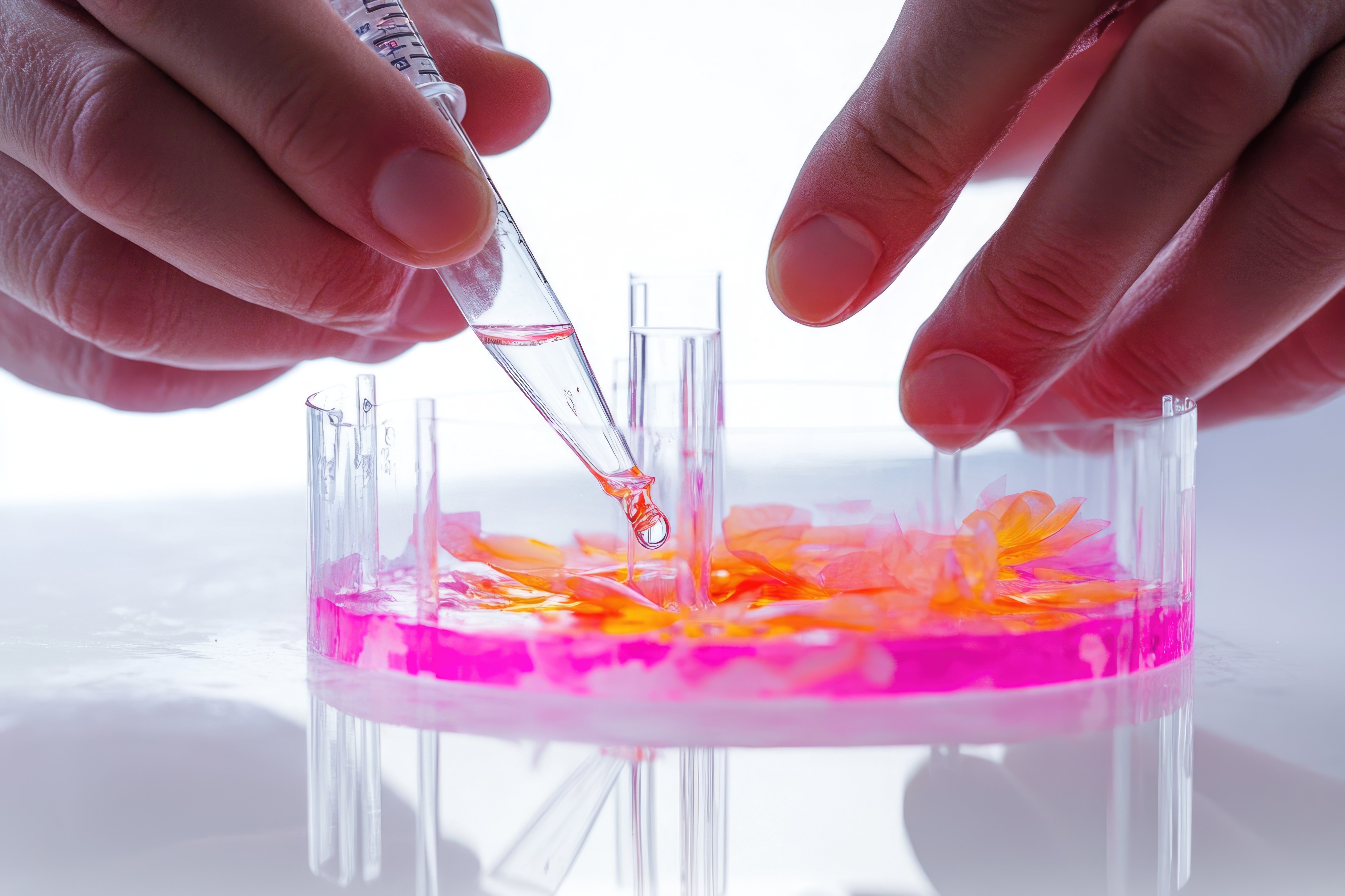 Scientist using a multi-channel pipette to transfer liquid samples in a lab, wearing gloves and surrounded by lab equipment.