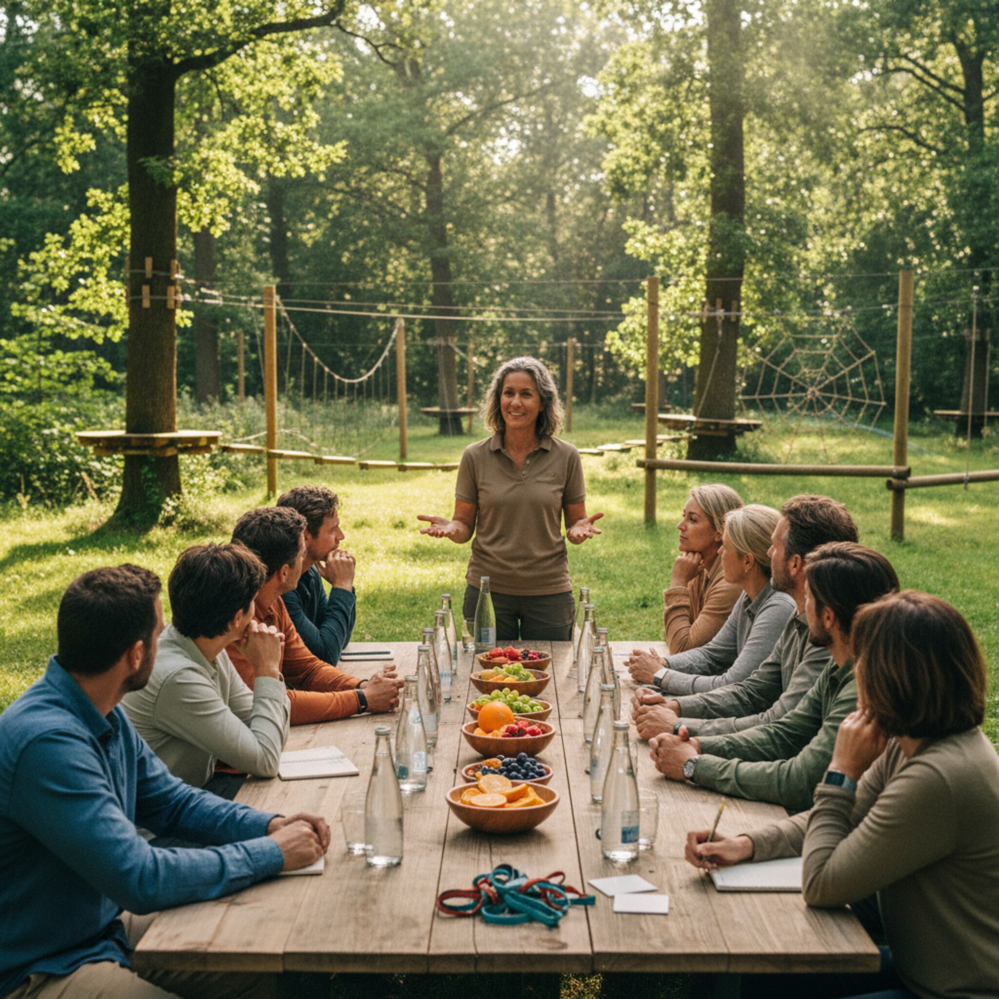 Eine lange Tafel im Grünen ist mit Wasserflaschen und Obstschalen gedeckt. Eine Firmen-Gruppe lauscht einem Trainer, während im Hintergrund ein niederer Übungsparcours aufgebaut ist. Ein Stapel farbiger Armbänder liegt griffbereit neben kleinen Notizkarten.