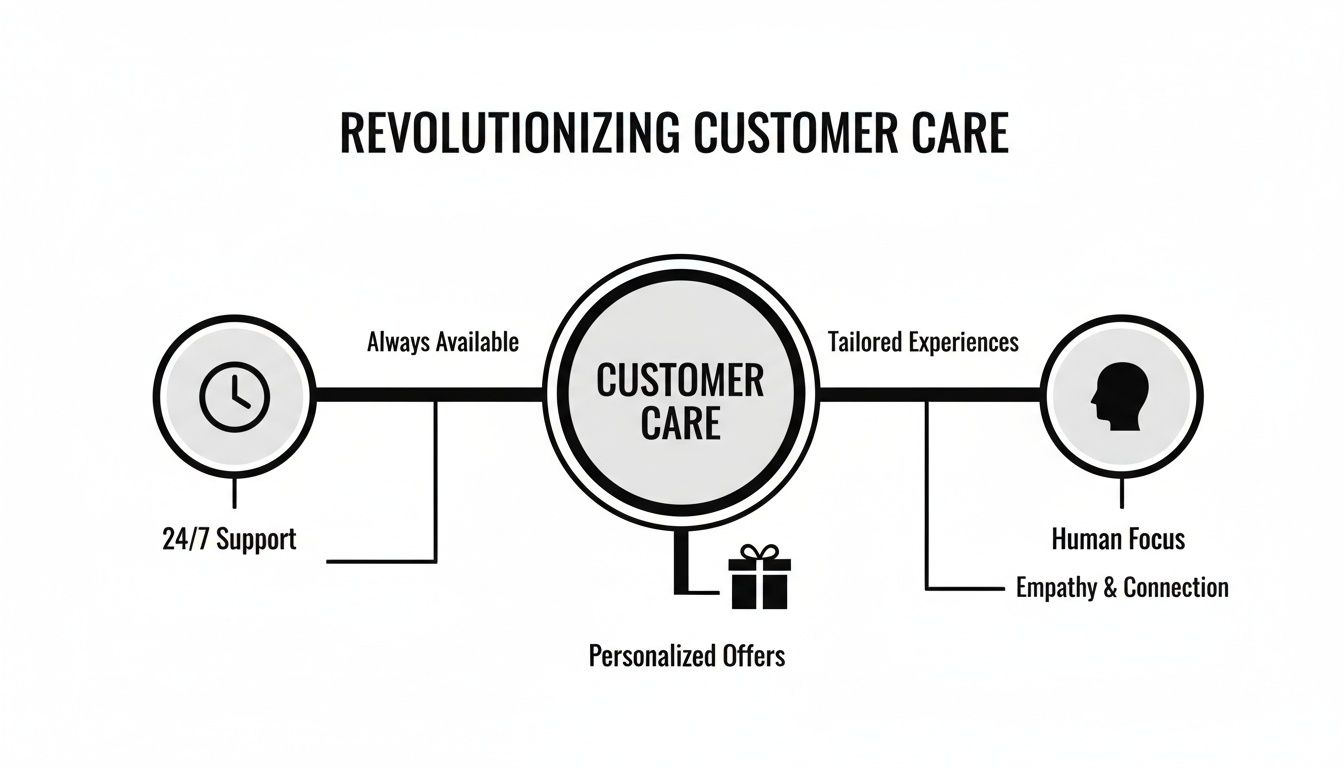 A diagram illustrating revolutionized customer care with always available 24/7 support, personalized offers, and tailored, human-focused experiences.