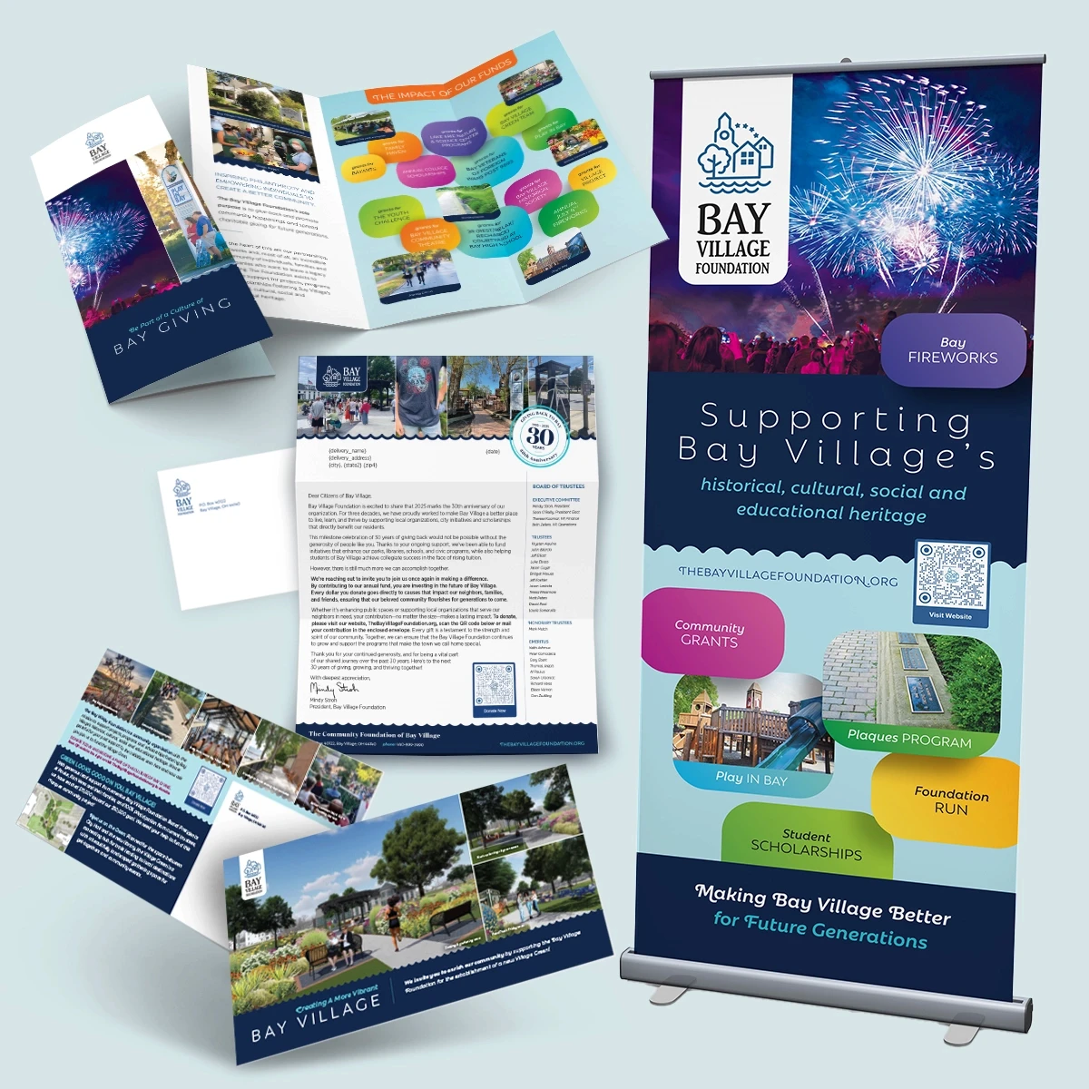 Bay Village Foundation Annual Campaign Items: Trifold brochure, pull-up banner, annual appeal letter and post card