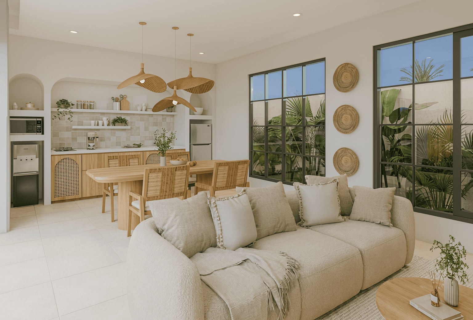 Mediterranean-style living room in Uluwatu with stone feature wall, listed by a professional real estate agent.