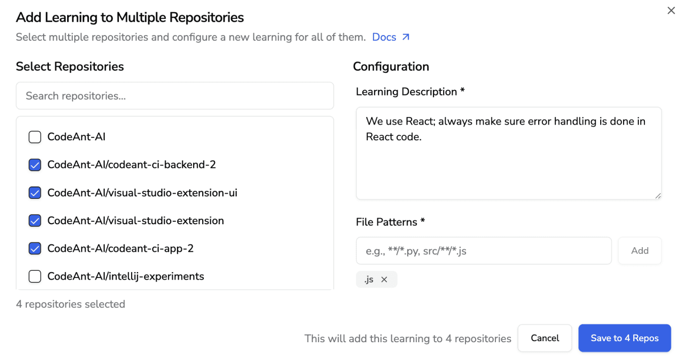 CodeAnt AI allows users to create, edit, and save custom AI learning rules for specific repositories, files, or folders.