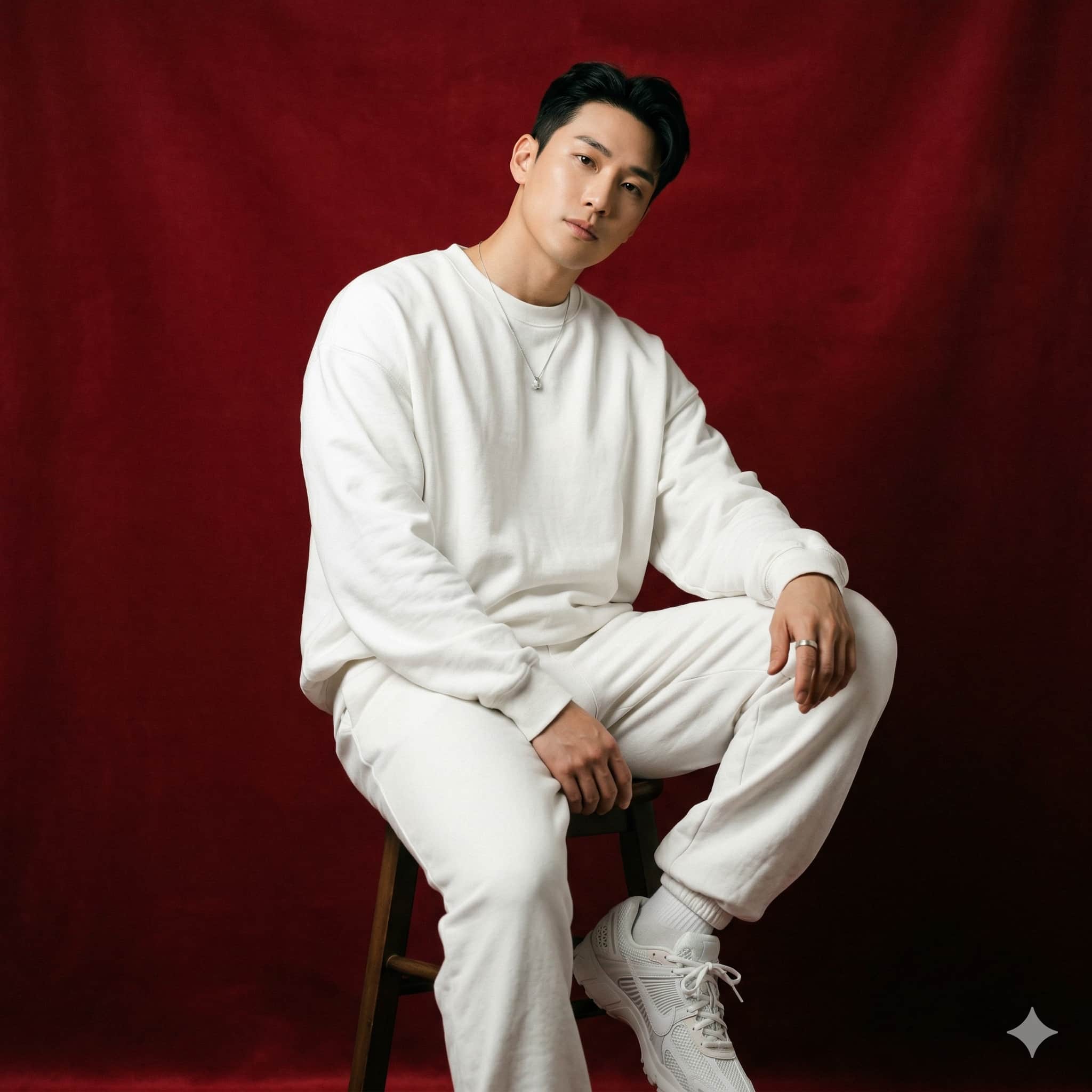 AI-generated studio portrait of a man wearing a white sweatshirt and white sweatpants sitting on a wooden stool against a deep red backdrop. Created for the AI image generation portfolio of Mahendra R.