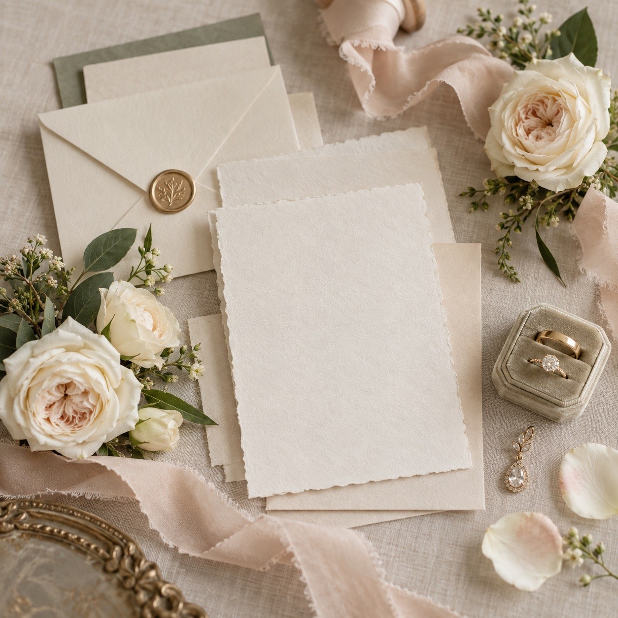 Wedding stationery, rings, ribbon, and ivory flowers