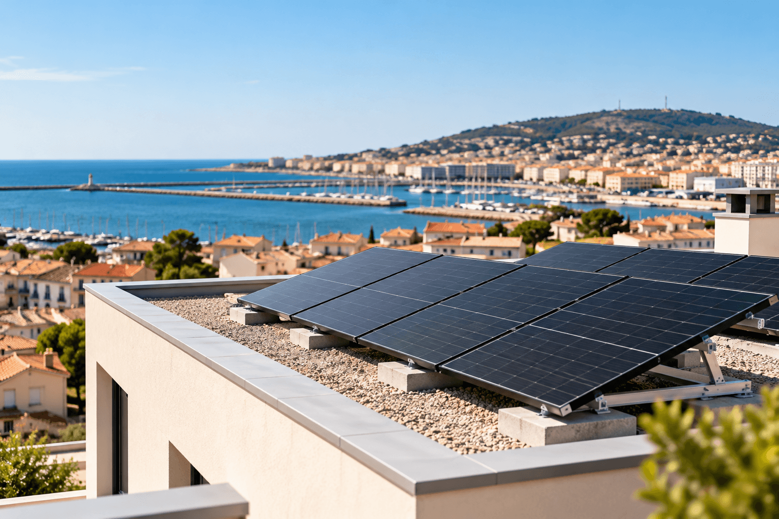 photo de panneaux solaires à Sète sur toiture plate