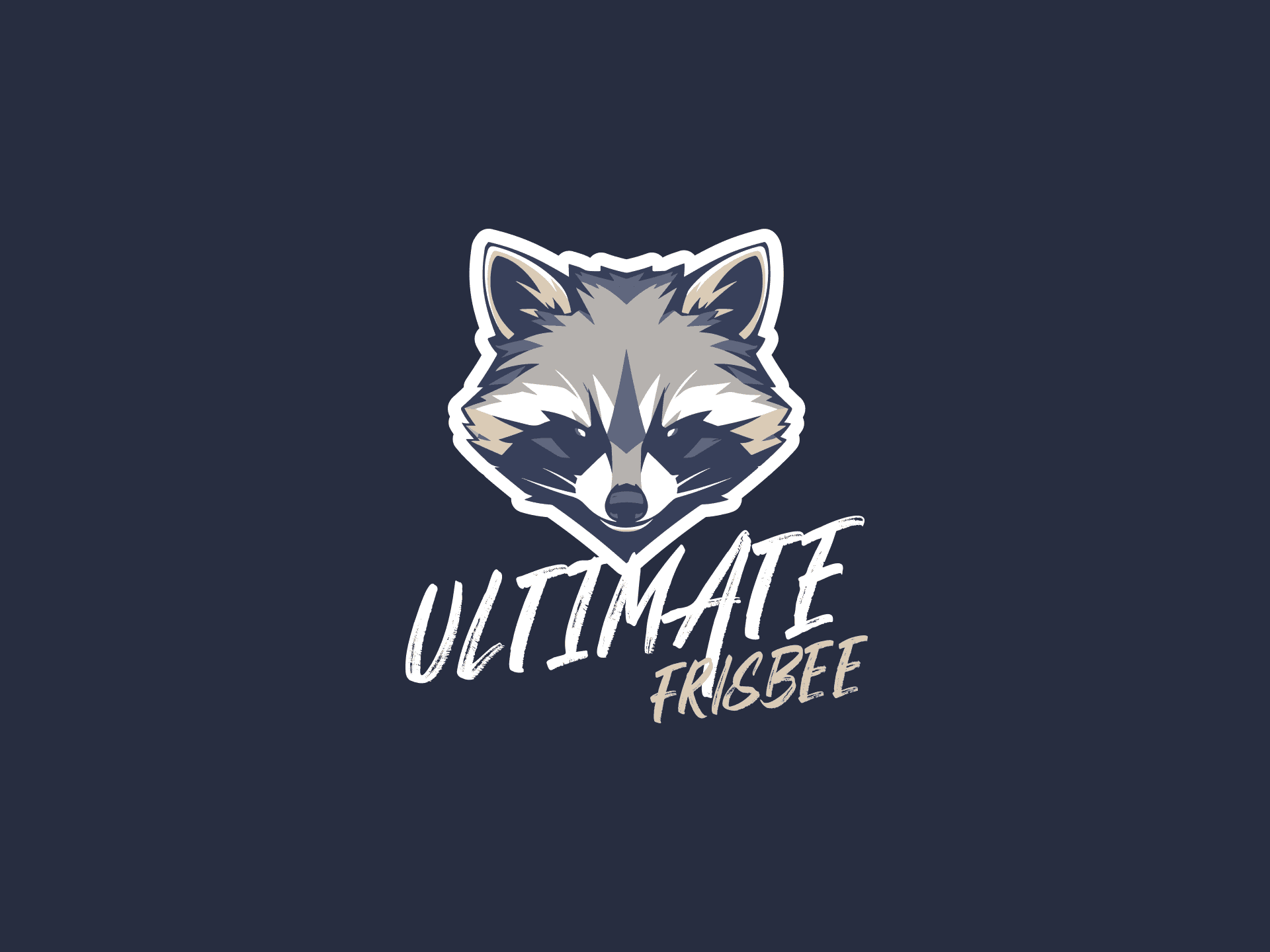 Sports logo featuring a raccoon head mascot above “Ultimate Frisbee” script lettering.
