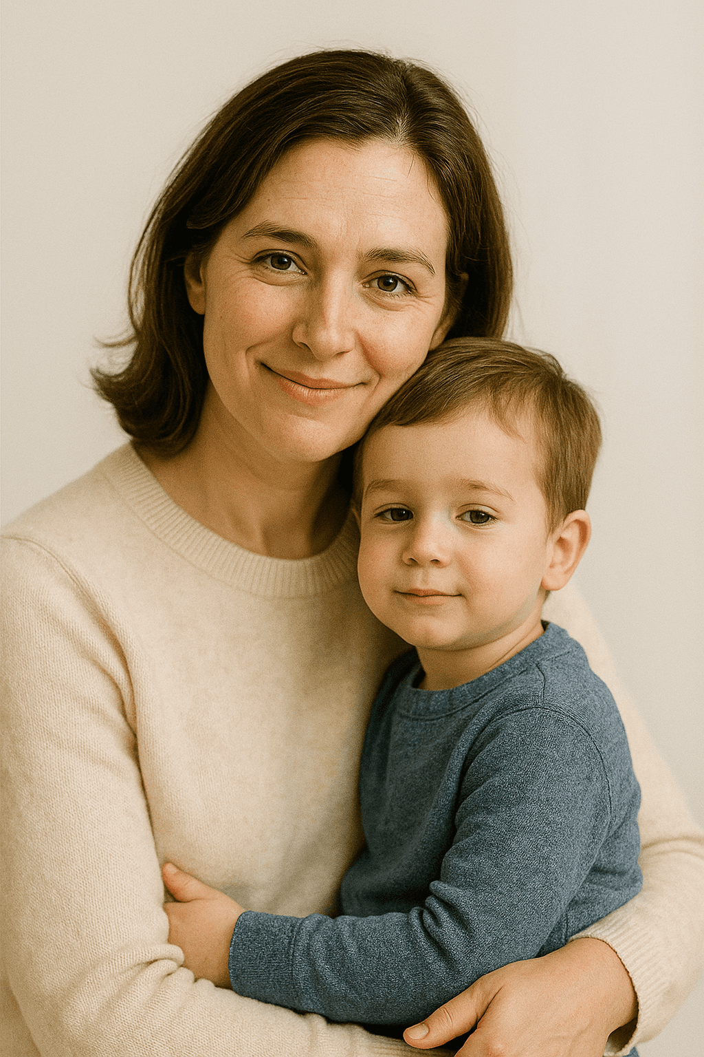 A woman with short brown hair holding a young boy, both smiling gently against a beige background.