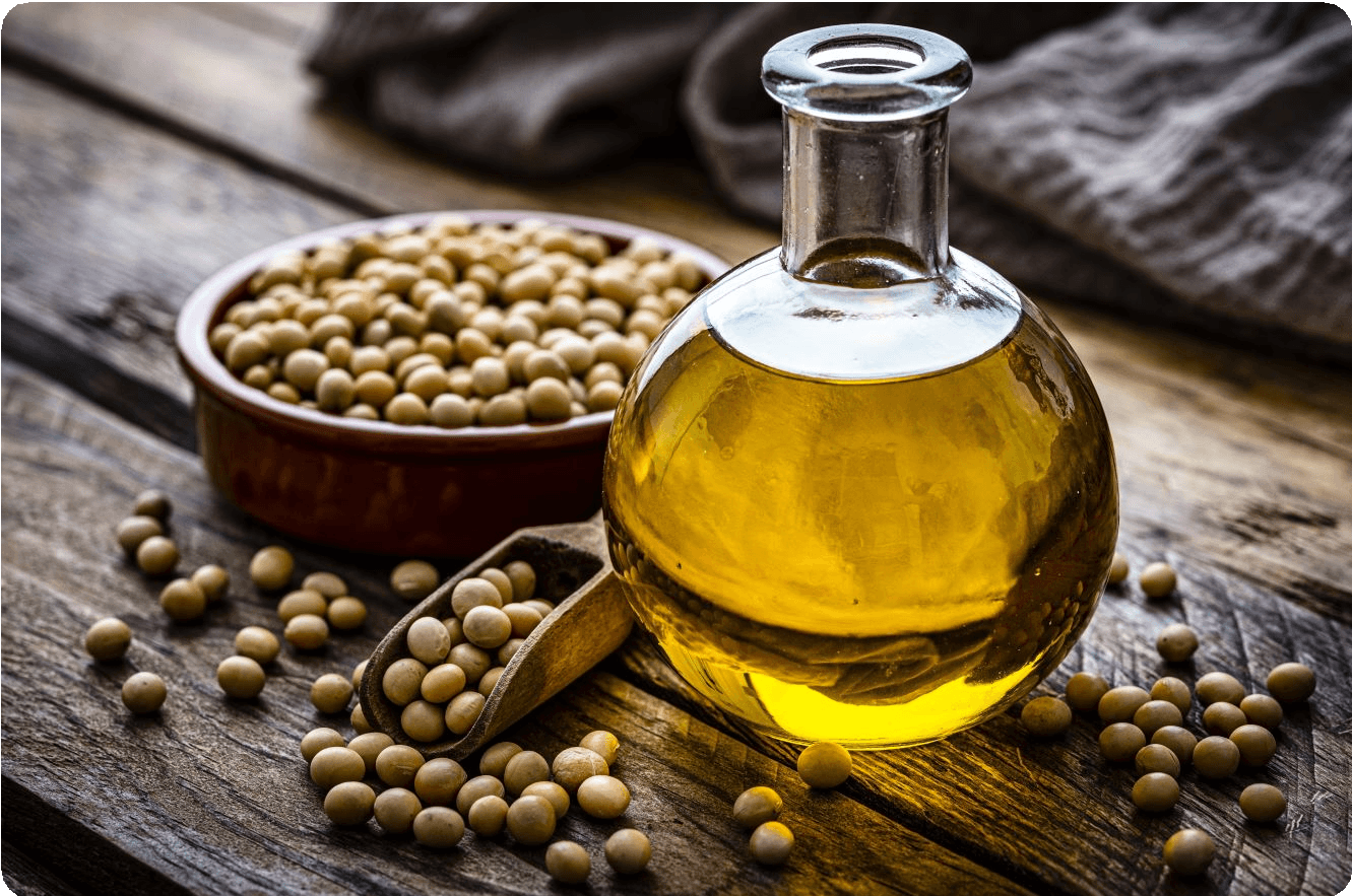Image of soybean oil in a glass bottle on a wooden table, with dried soybeans around it.