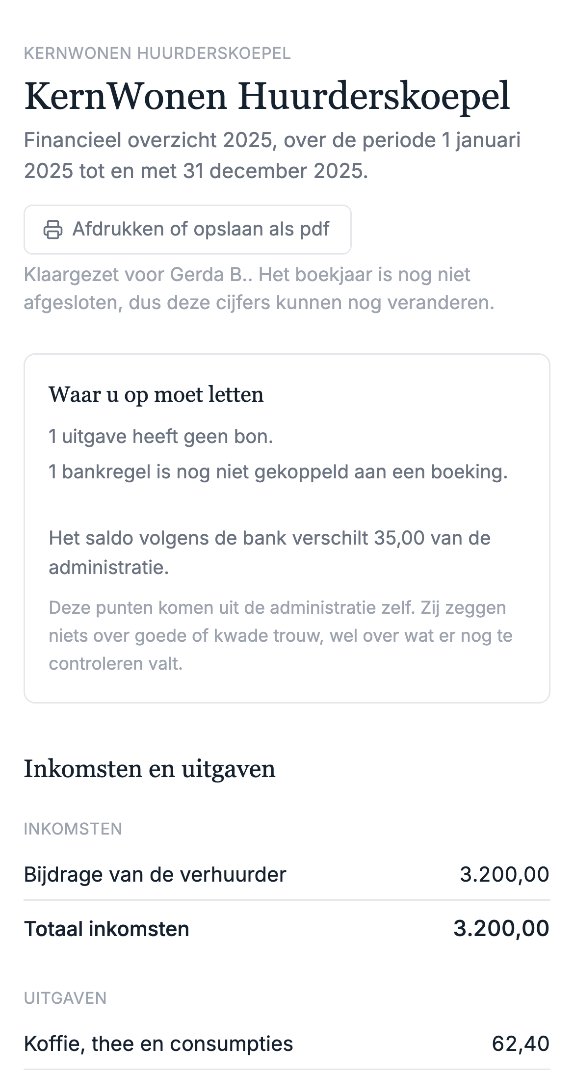 De pagina voor de kascommissie op een telefoon: de knop Afdrukken of opslaan als pdf, het blok Waar u op moet letten met drie punten, en het begin van Inkomsten en uitgaven