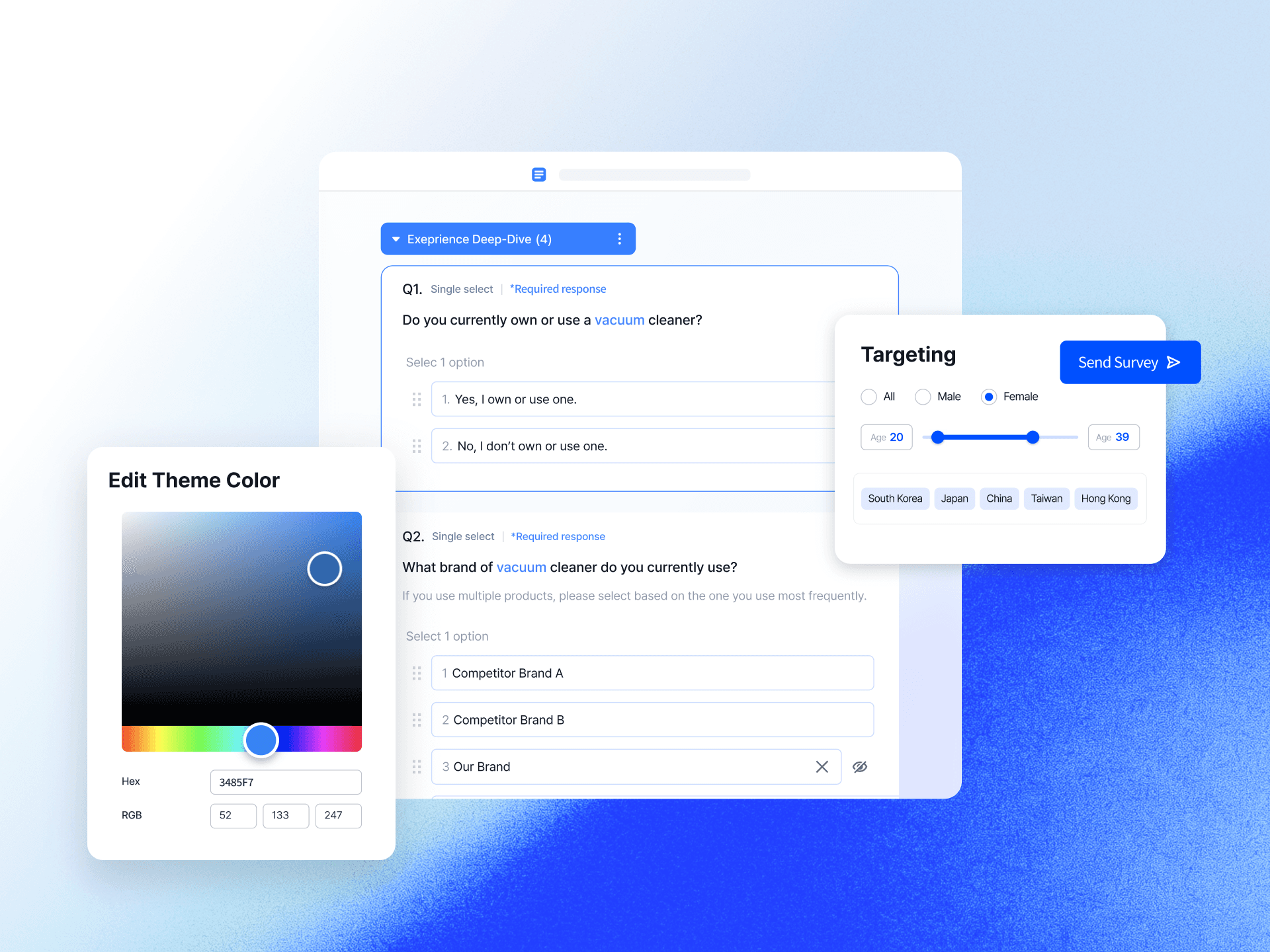 A digital interface displaying a color picker and various UI elements on a gradient background.