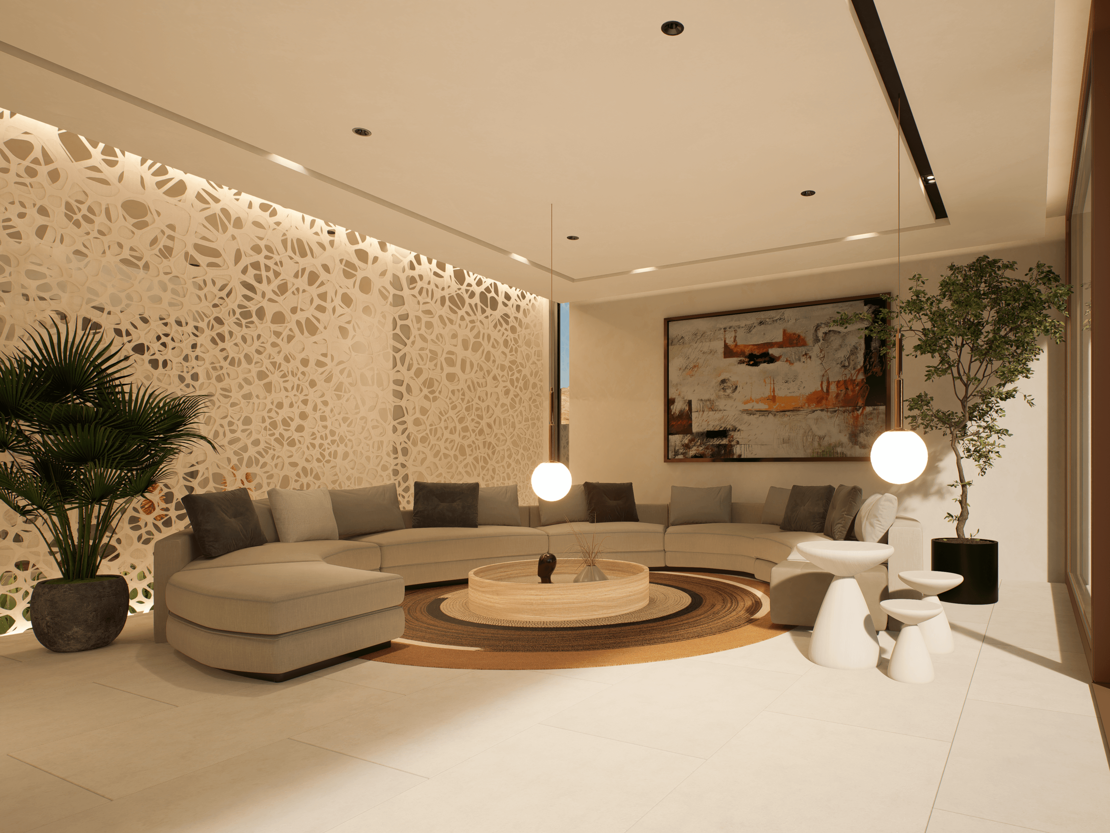 Dubai Concept house living room with mesh lined back wall.