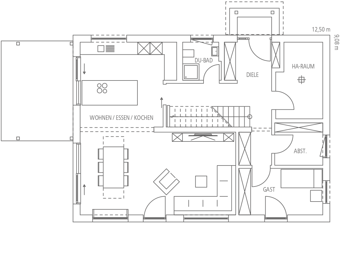 Grundriss eines Hauses mit Wohn-, Ess-, Kochbereich, Diele, Duschbad, Gästezimmer und Abstellraum.