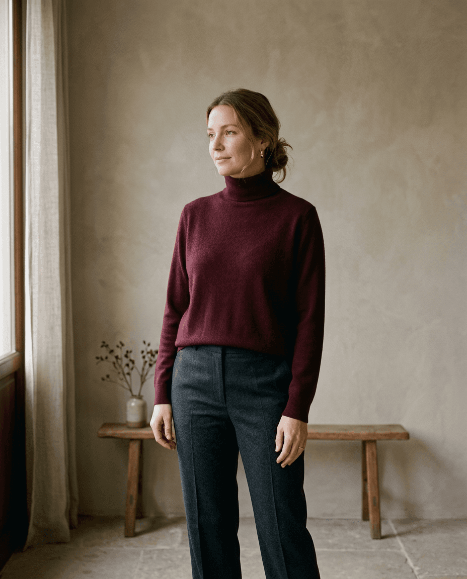 Burgundy Fine Roll-Neck — Charcoal — editorial