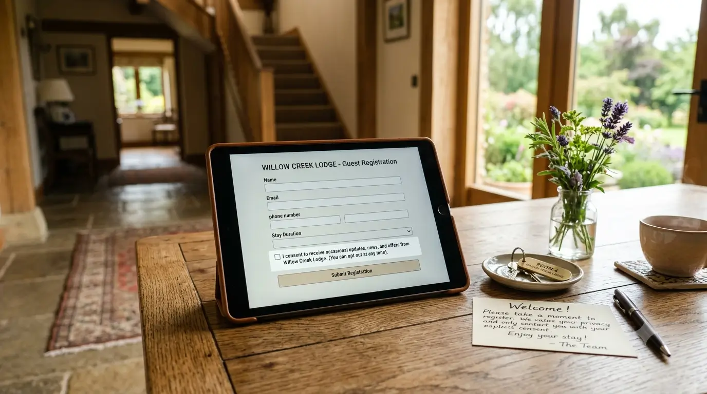 A guest-registration form with a consent checkbox on a tablet at a rental welcome table.