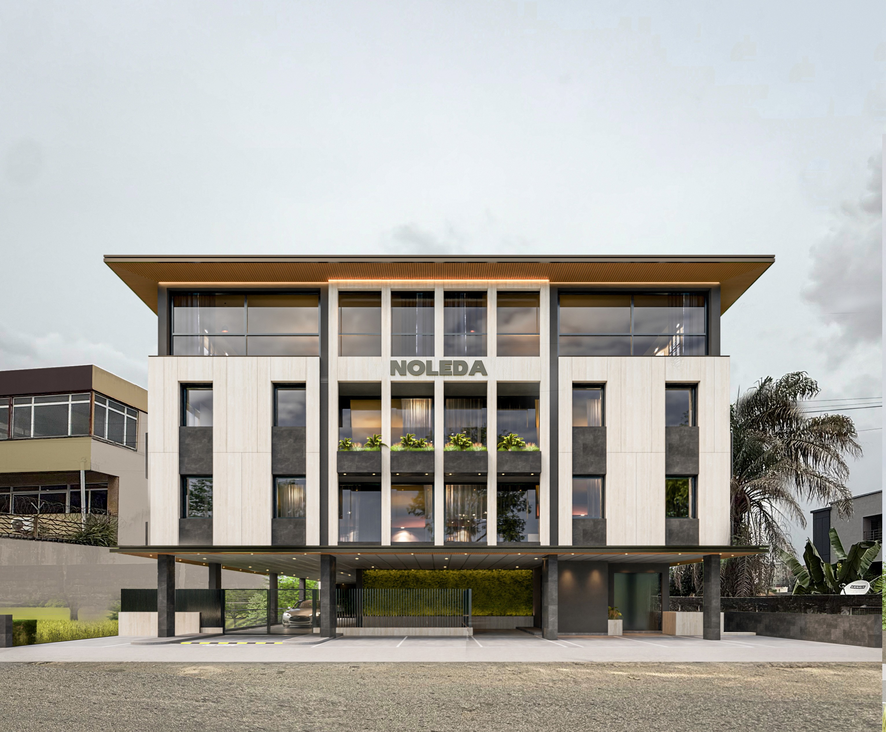 A modern architectural interior featuring sweeping, curved wooden slats on the walls, with a large open space and glass railings on an upper level, highlighting contemporary design and natural textures.