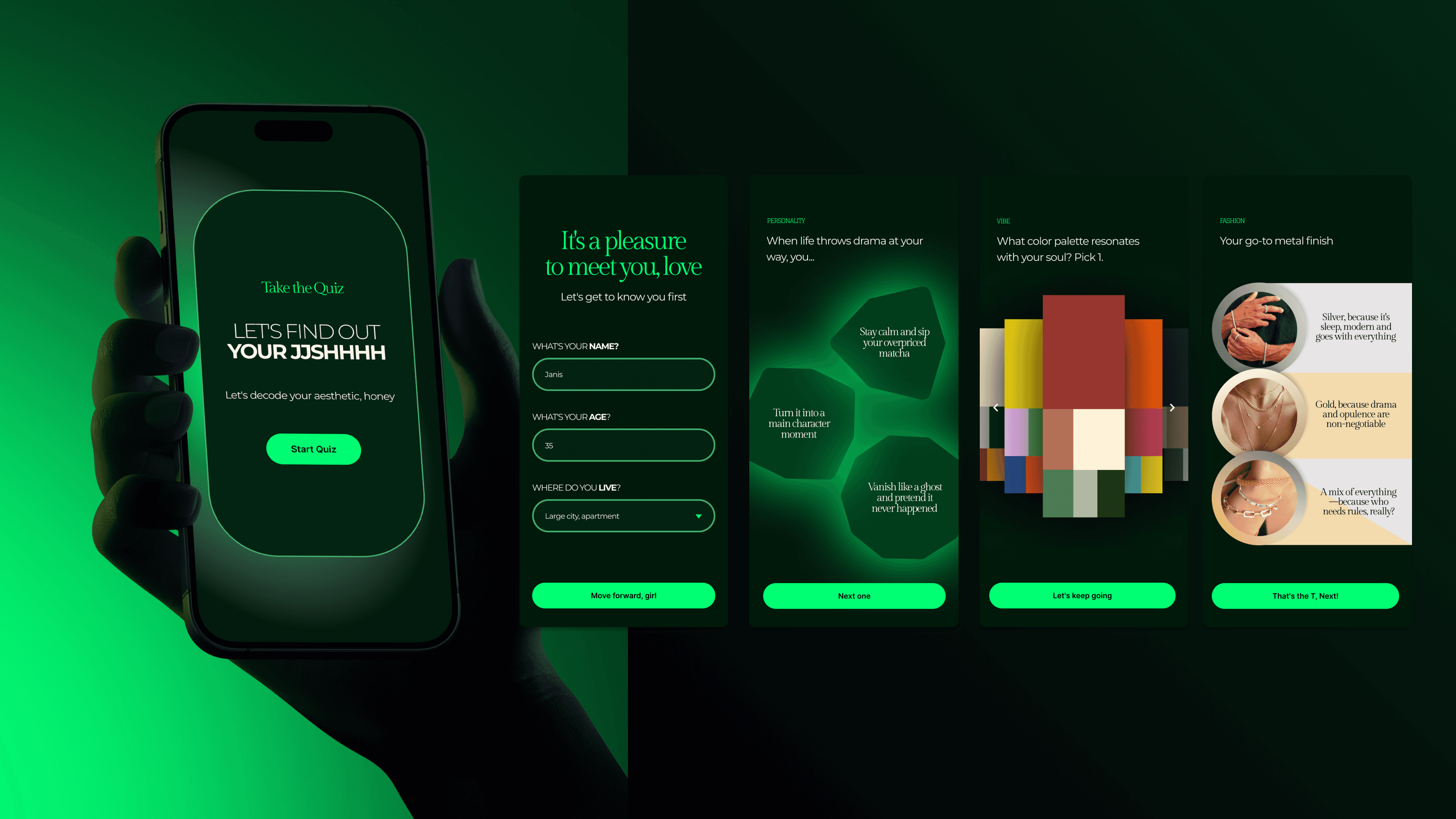 visual-first style quiz designed to capture taste across fashion, lifestyle, and mood, forming the foundation of each user’s aesthetic profile.