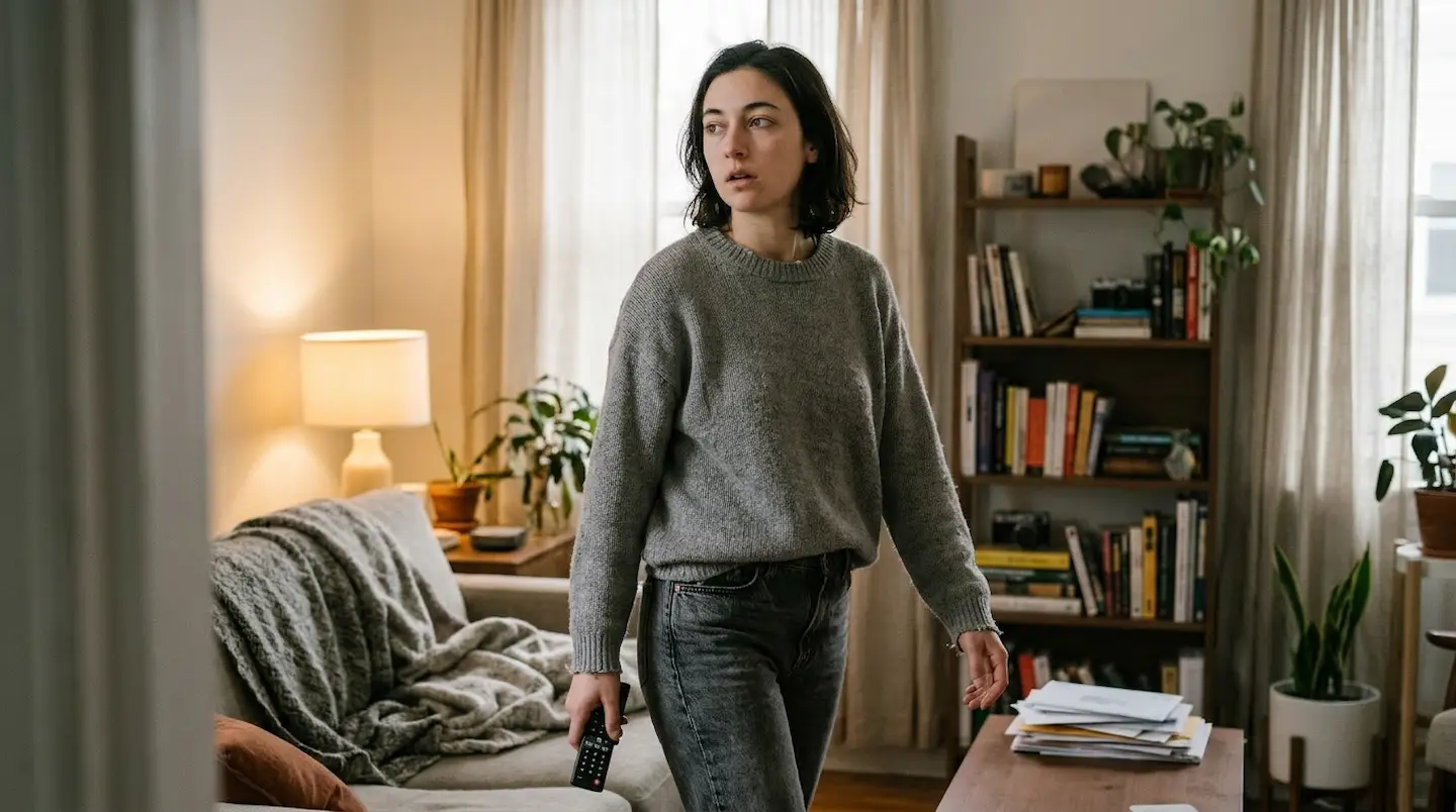 Woman standing in a living room holding a remote, looking distracted