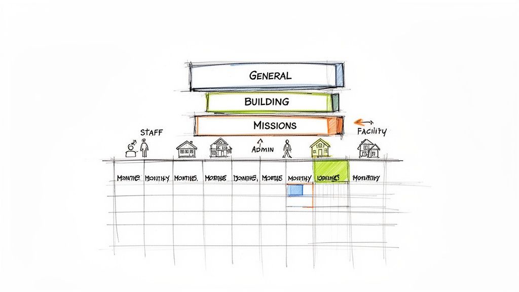 A hand-drawn diagram illustrating budget categories like general, building, and missions, linked to staff and facilities over a monthly timeline.
