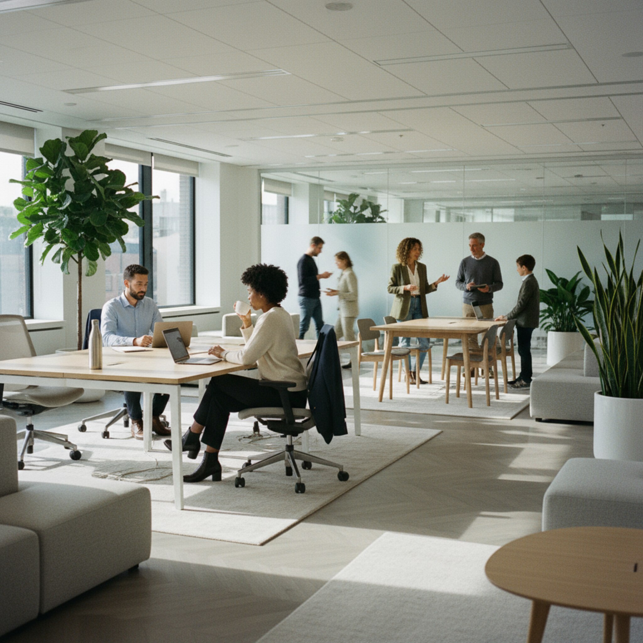 Ein großzügiges Open-Space-Büro zeigt klar strukturierte Teamzonen mit dezenten Markierungen. Einige Schreibtische sind besetzt, andere bleiben bewusst frei. Sonnenlicht fällt auf helle Holzoberflächen, Jacken hängen an Stühlen, eine Wasserflasche funkelt auf einem Tisch. Es wirkt geordnet, einladend und bereit für fokussierte Zusammenarbeit.