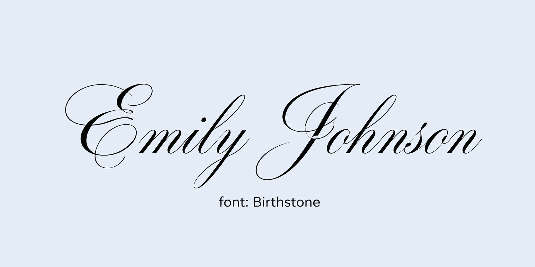Sample name signed in a cursive signature font on a light background, with the font name labeled below.