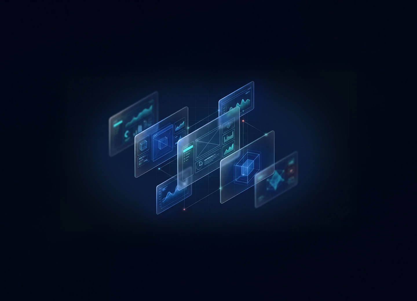 A collection of floating high-end B2B SaaS dashboard screens in a dark tech-noir style, showcasing Nudgix's portfolio of investor-ready product designs and complex system interfaces.