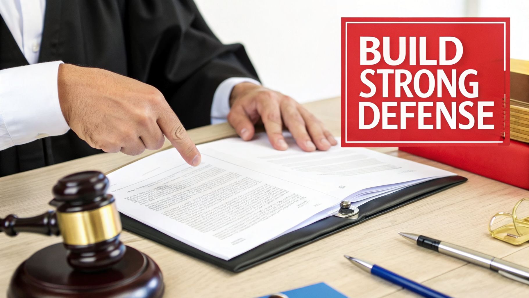 A judge points at legal documents on a desk, next to a gavel and a 'BUILD STRONG DEFENSE' sign.