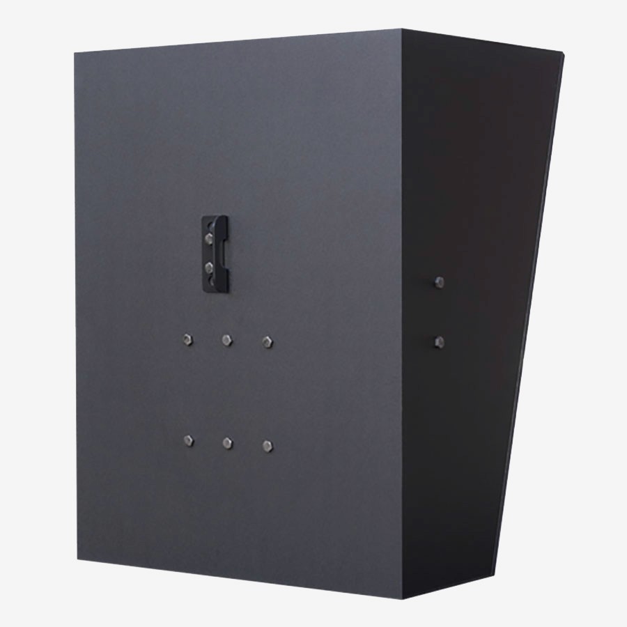 Black metal box with wall mount bracket and screws.
