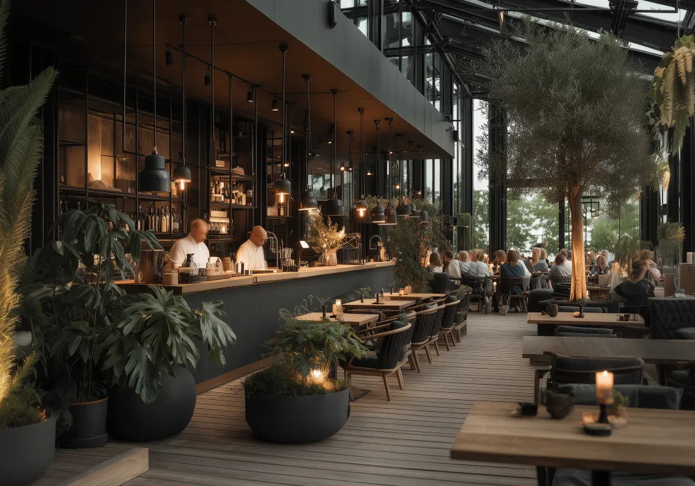 Restaurant bar with guests seated at tables and bartenders at work.