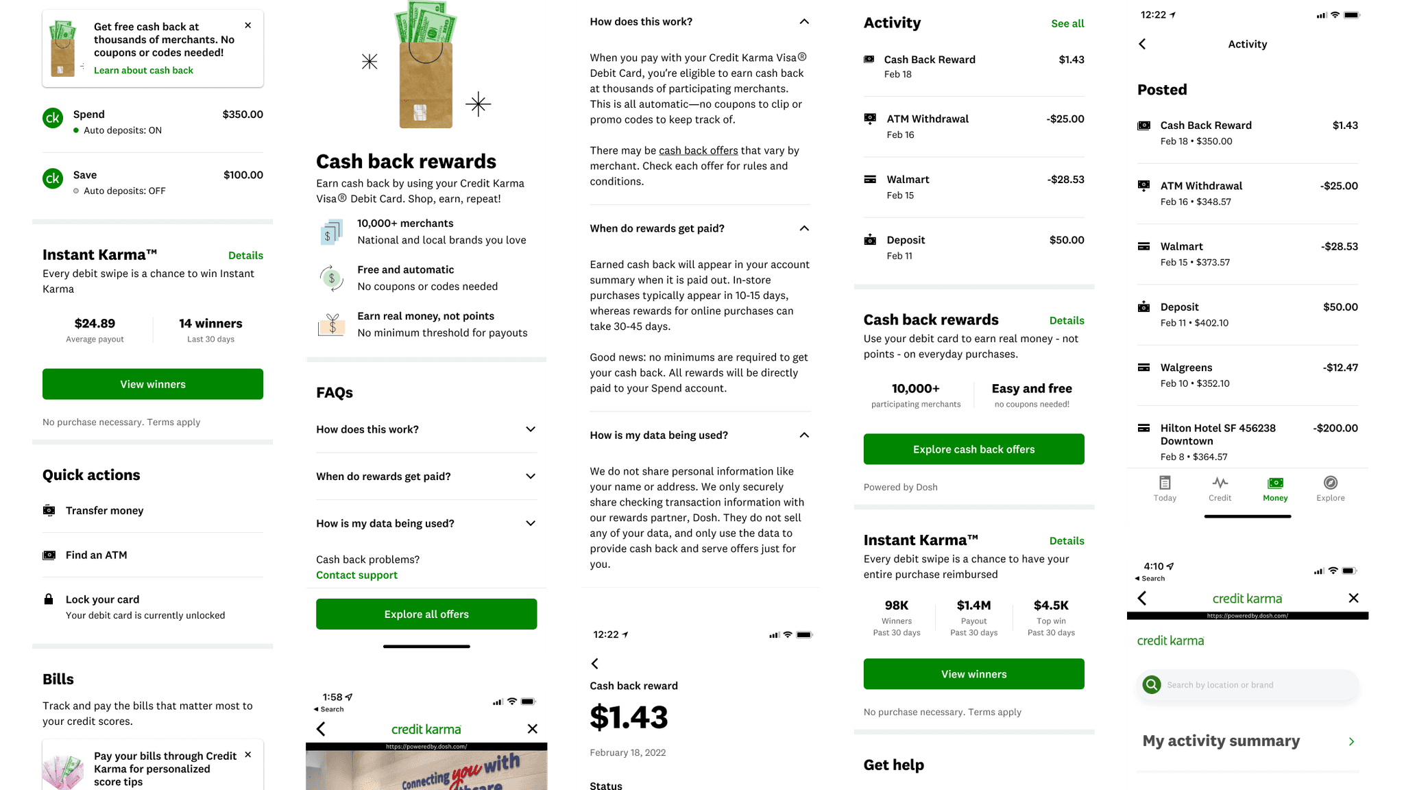 Different views of the Credit Karma cash back screens