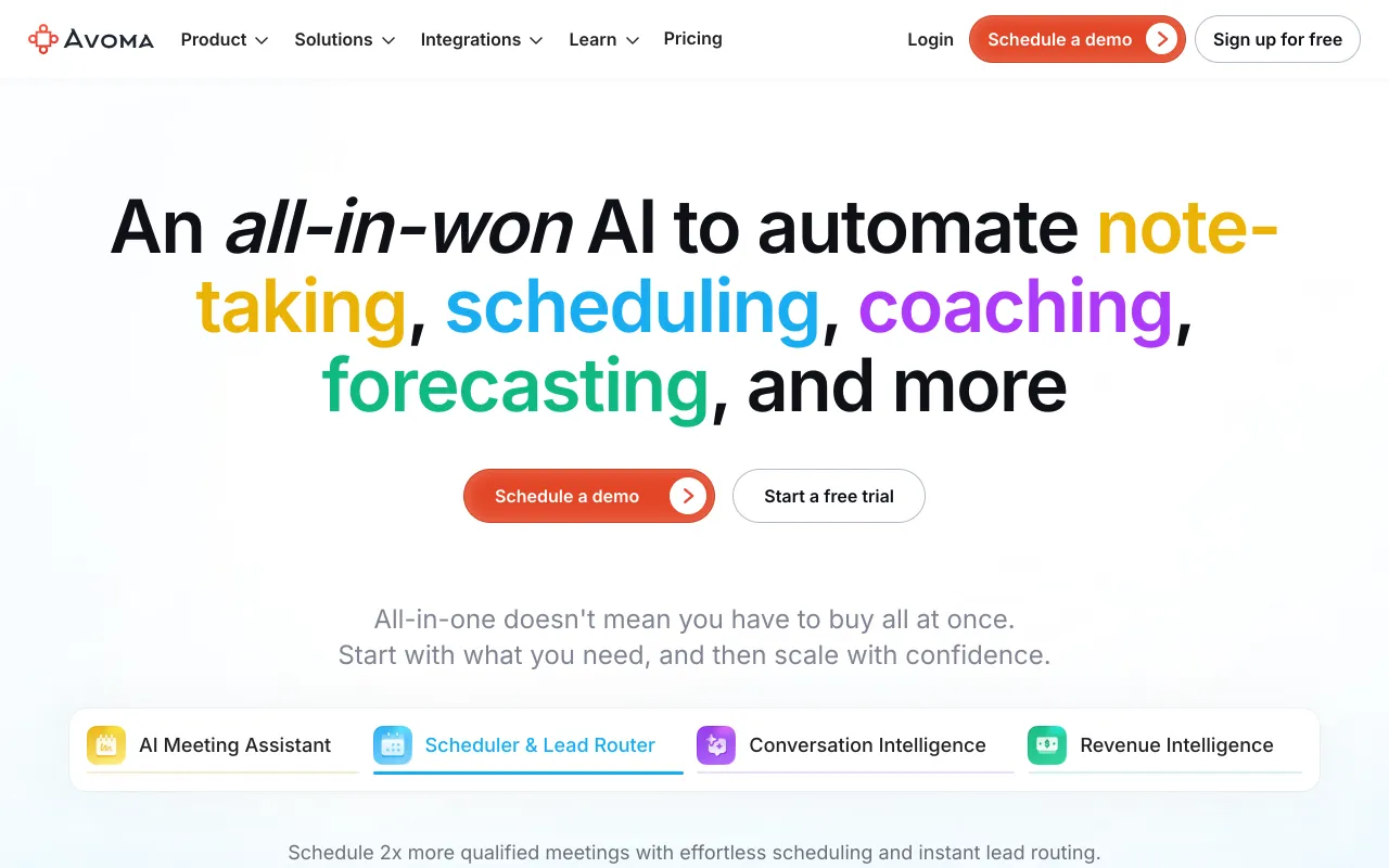 Avoma homepage, AI meeting assistant and conversation intelligence platform