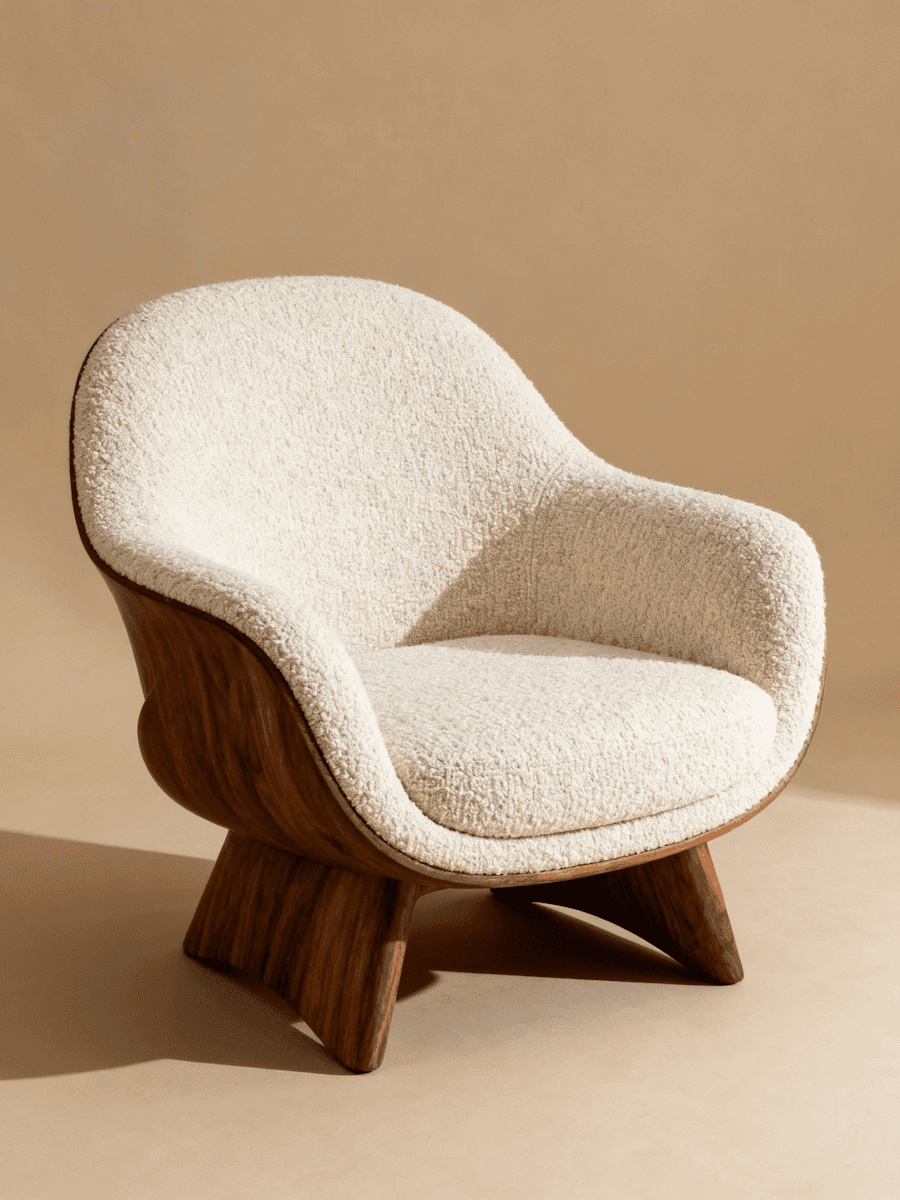 Contemporary lounge chair featuring textured upholstery and sculpted wood base