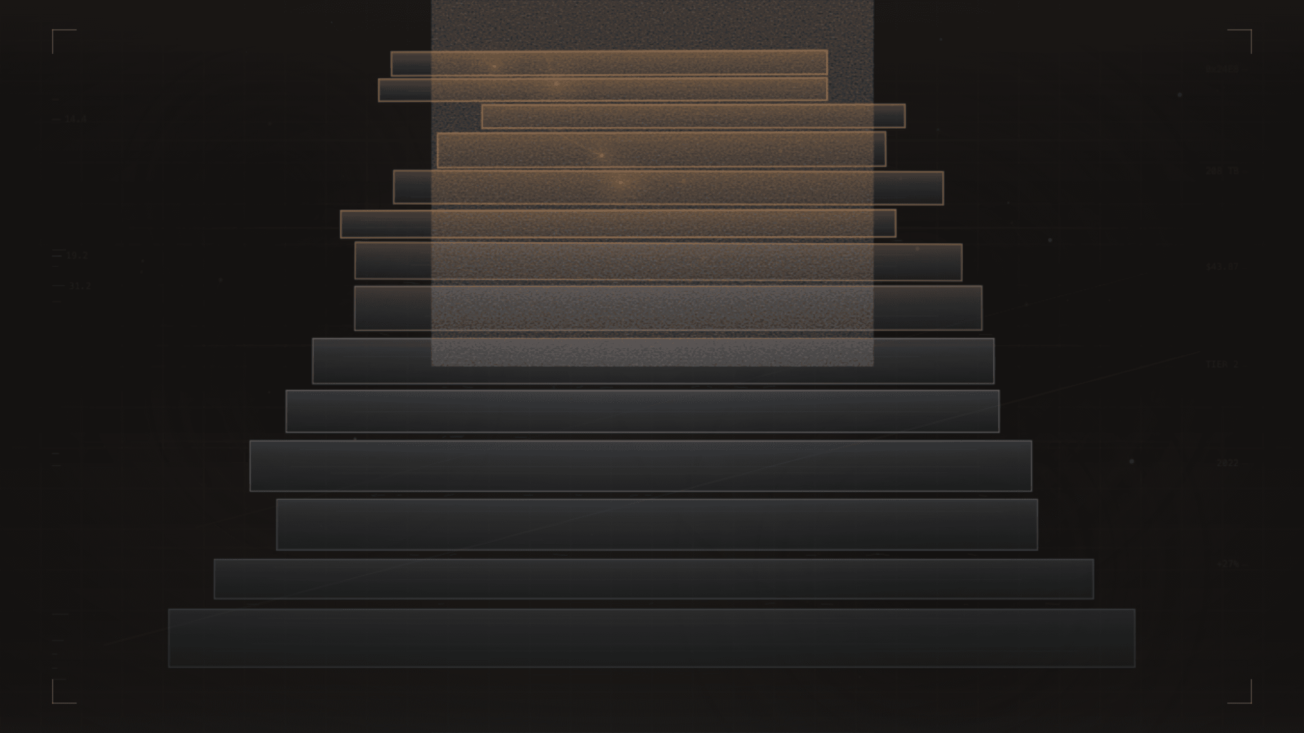 Abstract geometric composition on warm graphite of stacked horizontal blocks compressing upward, transitioning from cool steel at the base to stress orange and warning amber at the top, with hairline fracture marks, scattered particle debris, and faint engineering grid lines evoking the rising pressure of infrastructure costs on production workflows.