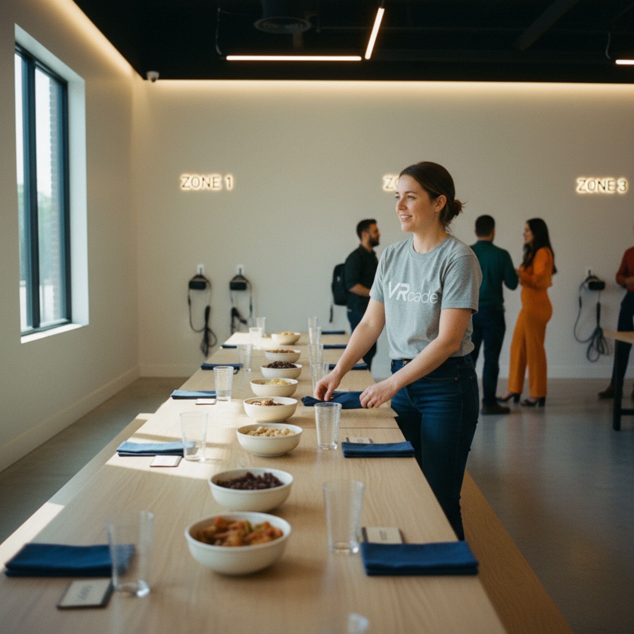Ein reservierter Partybereich mit langer Tafel, wiederverwendbaren Bechern und dezentem Lichtband an der Wand. Ein Staff-Mitglied stellt Namensschilder auf und richtet Snackschalen aus. Im Hintergrund sind nummerierte Spielzonen sichtbar. Es wirkt strukturiert, freundlich und auf Gruppen ausgelegt.
