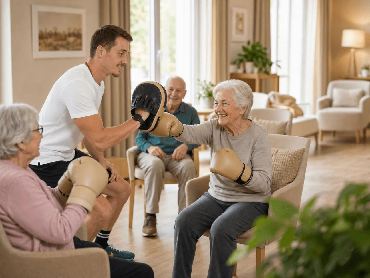 Une résidente assise pratique la boxe adaptée avec un éducateur