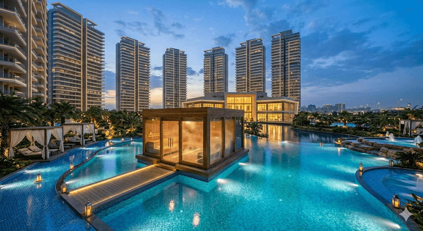 Resort-style swimming pool and floating glass sauna at a luxury project in Gurugram