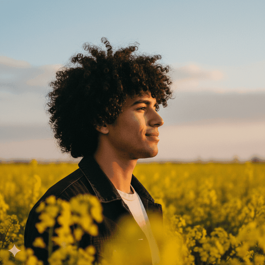A man with curly hair smiling in a field of yellow flowers at sunset.