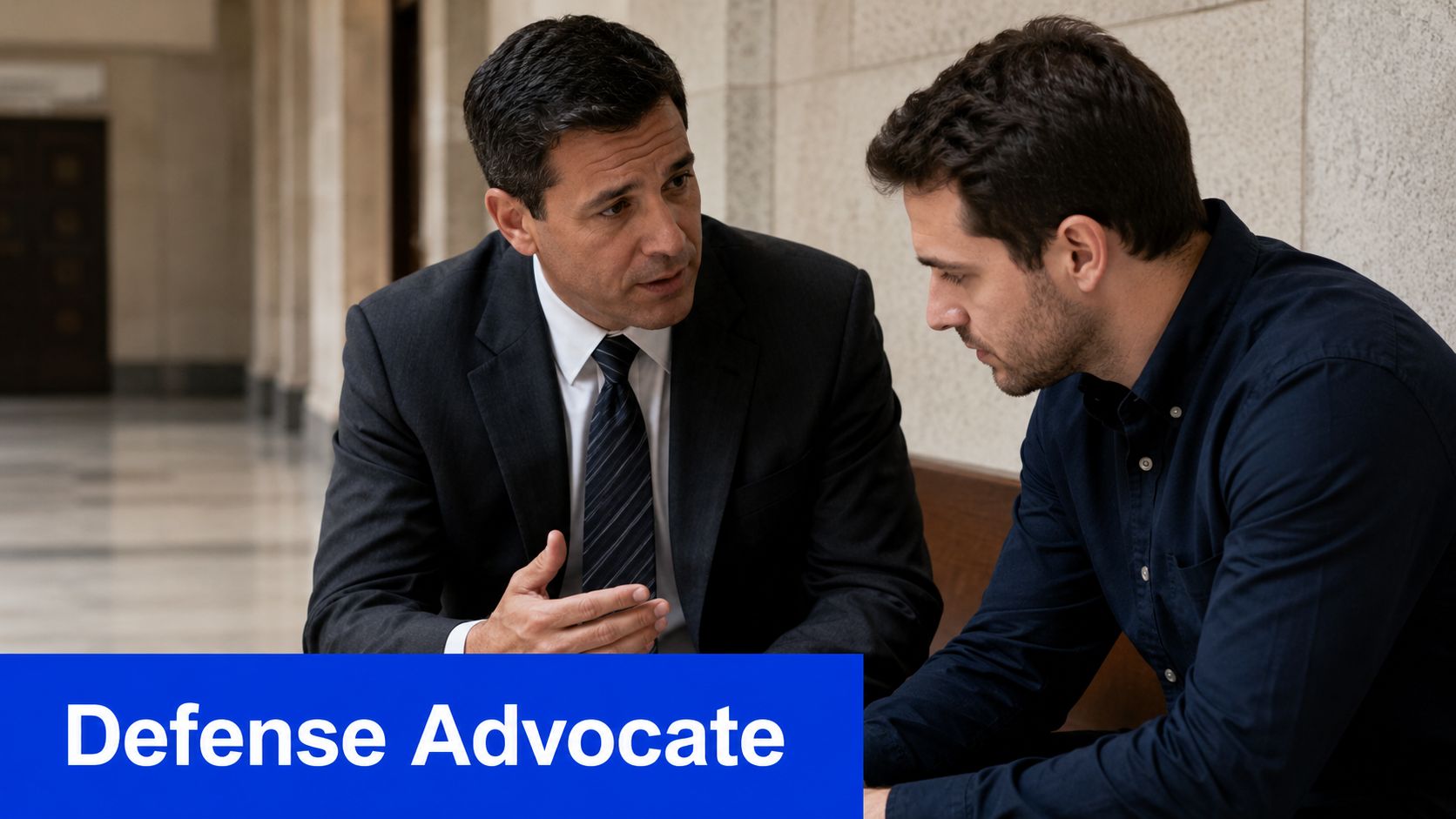 A defense lawyer in a suit speaking with his client while they sit together in a hallway.