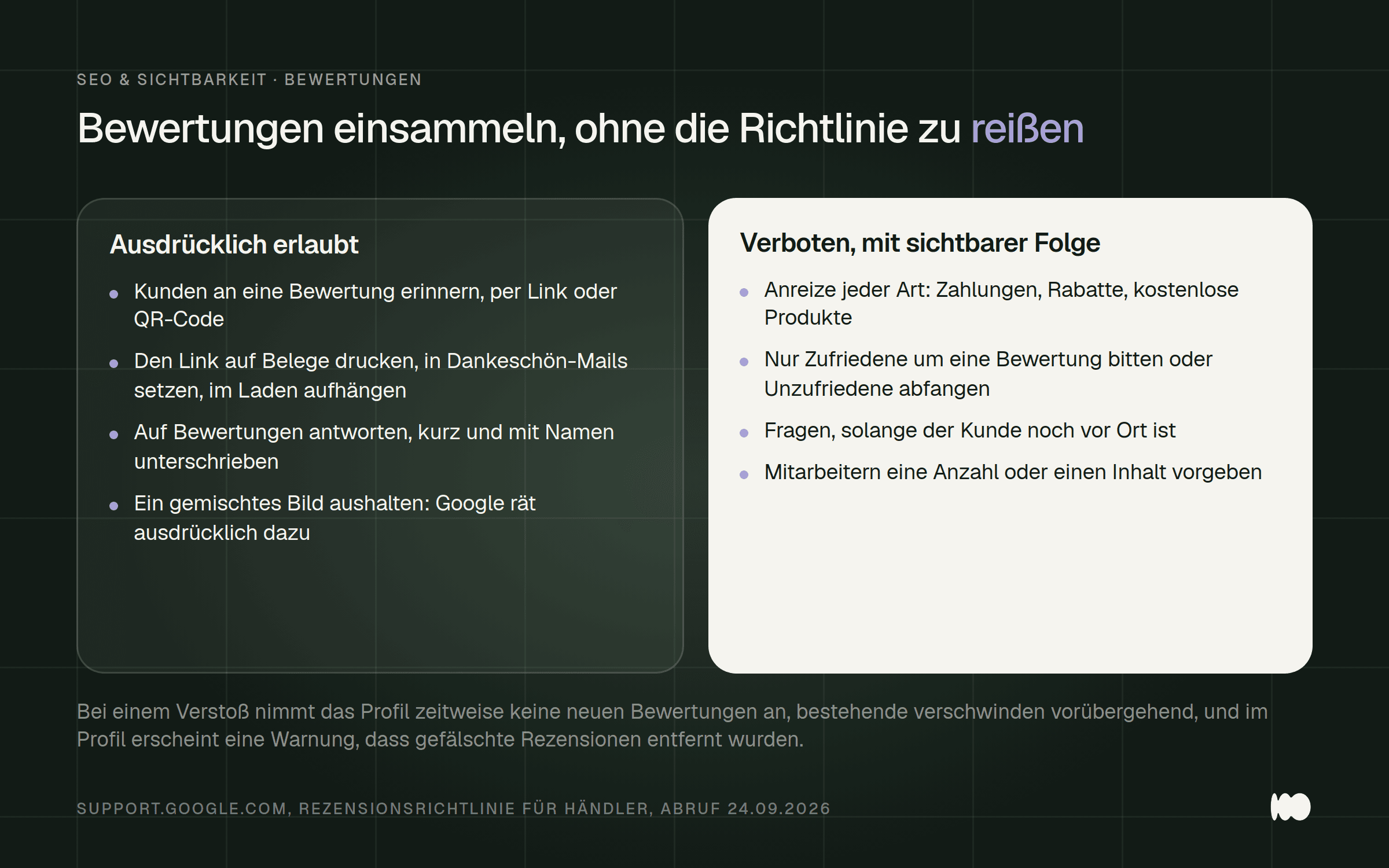Zwei Spalten: links erlaubte Wege, Bewertungen einzusammeln, rechts die von Google verbotenen Vorgehensweisen.