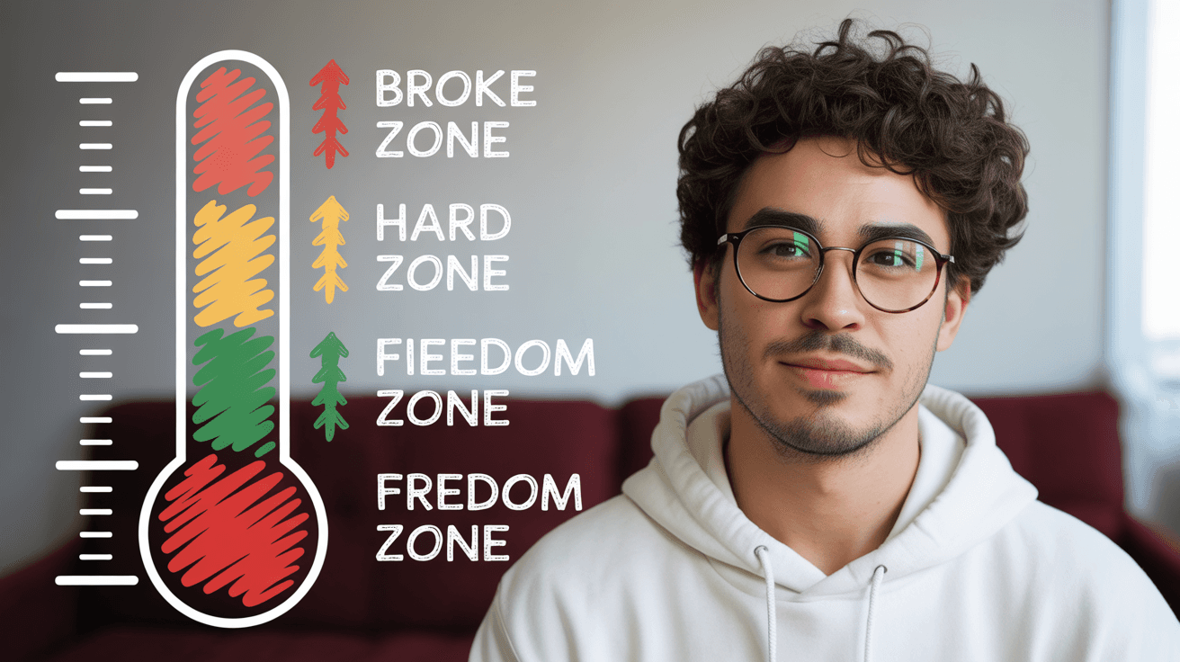 Creator beside red-yellow-green freedom thermometer labeled Broke, Hard, and Freedom Zone
