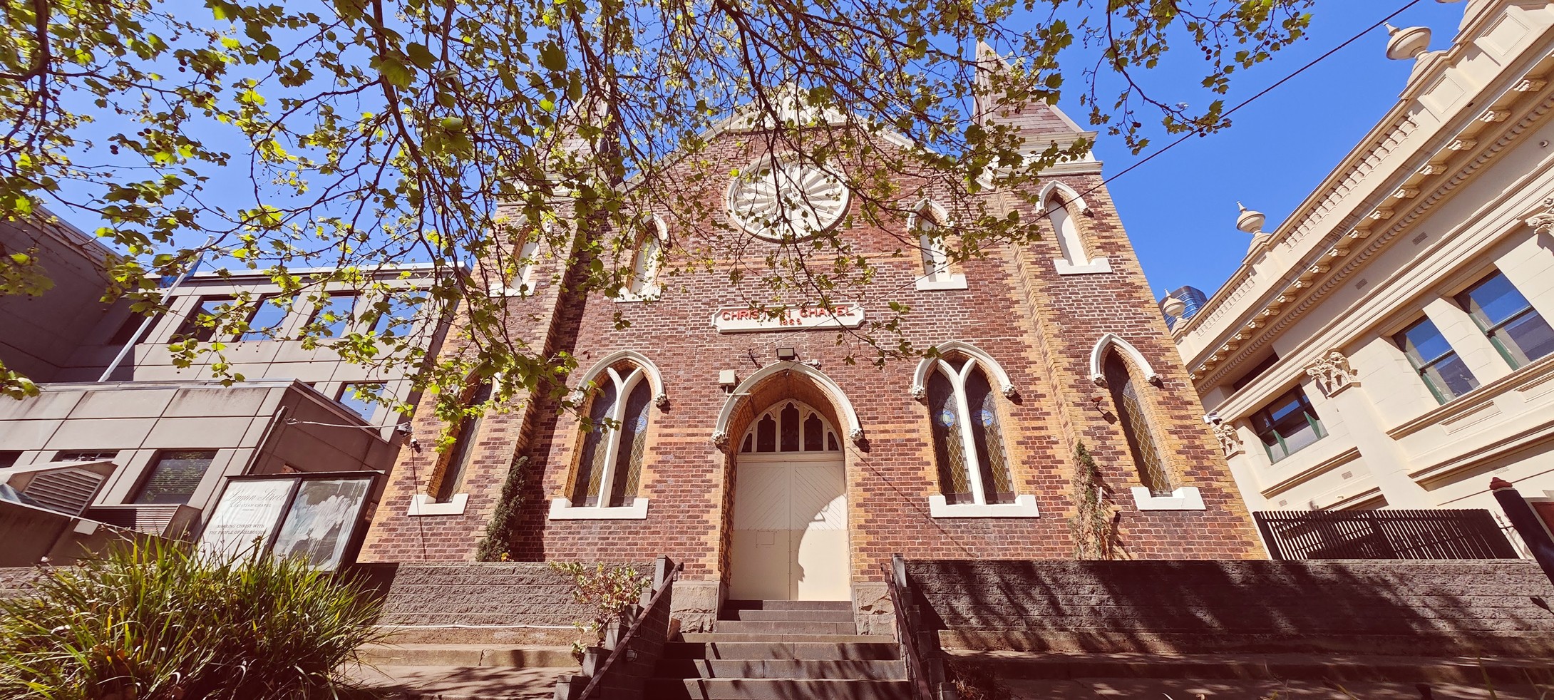 A center view of Lygon St Christian Chapel from the steps