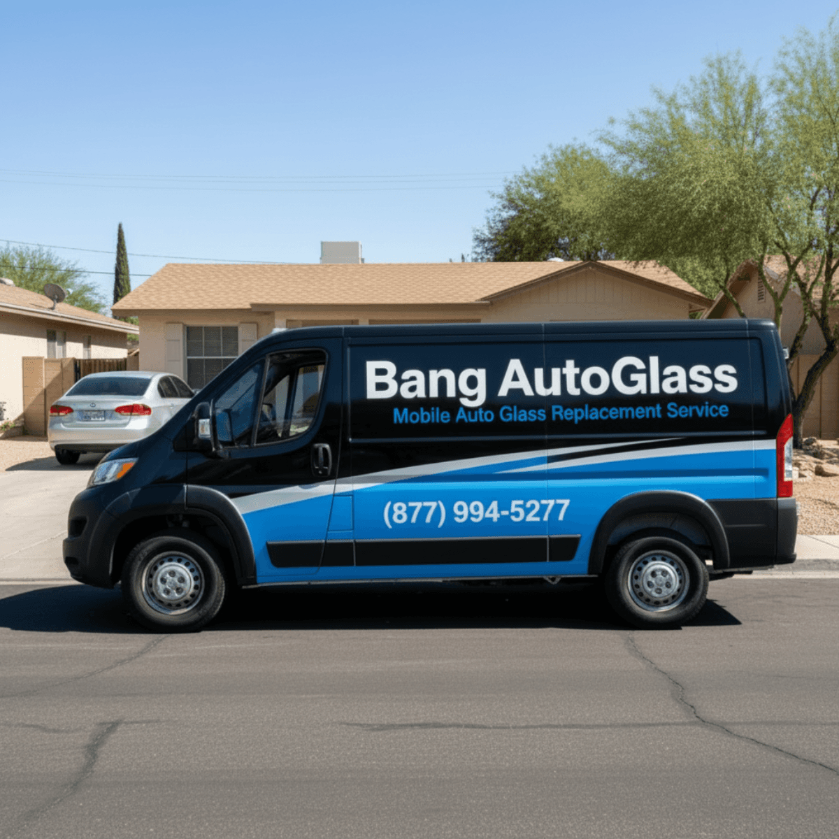 Bang AutoGlass mobile windshield replacement van parked outside a customer's home in Tempe, AZ