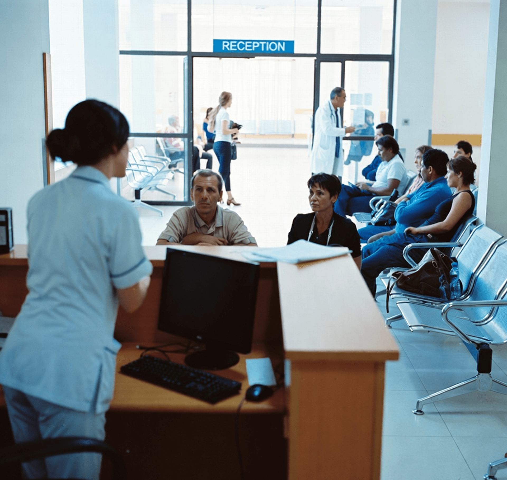 Hospital reception area with a nurse, patients, and a doctor.